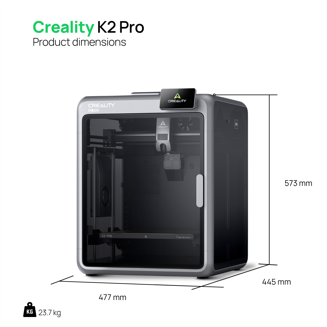 Stampante 3D Creality K2 Pro con dimensioni: 477x445x573 mm e 23,7 kg di peso.