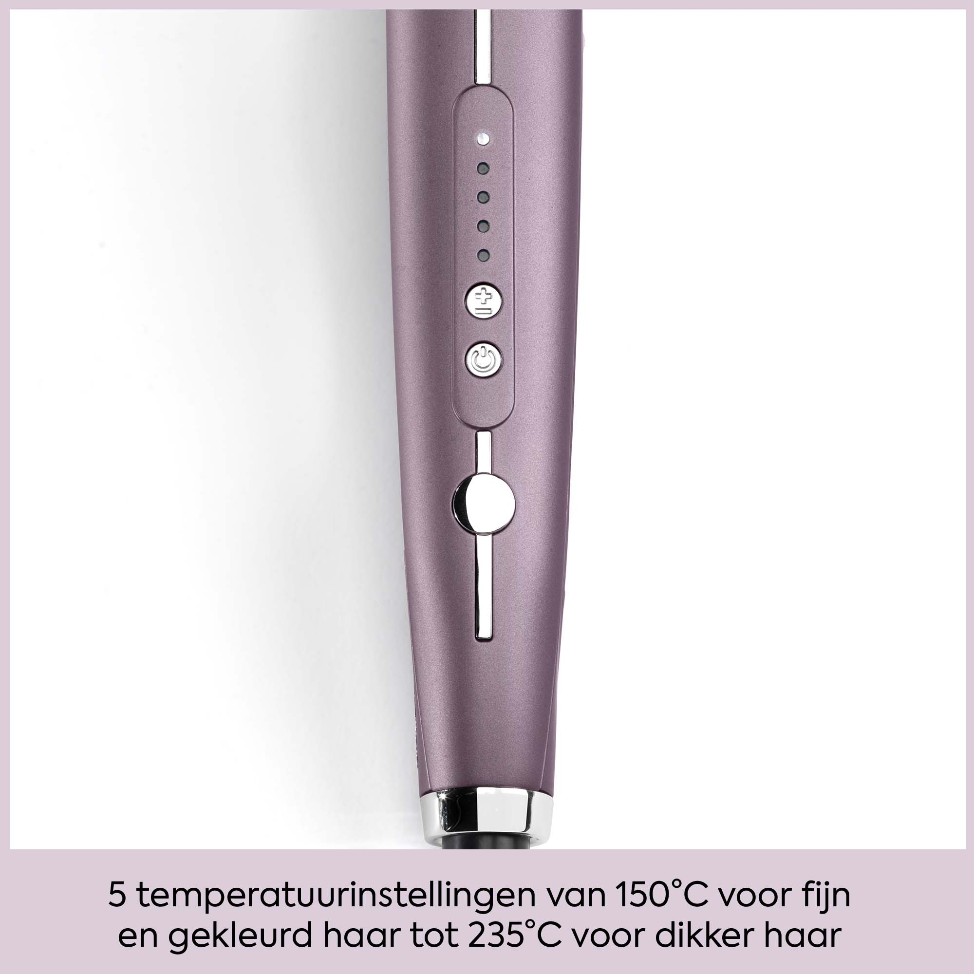Primo piano di uno styler per capelli color malva con cinque spie della temperatura, pulsanti e base argentata.