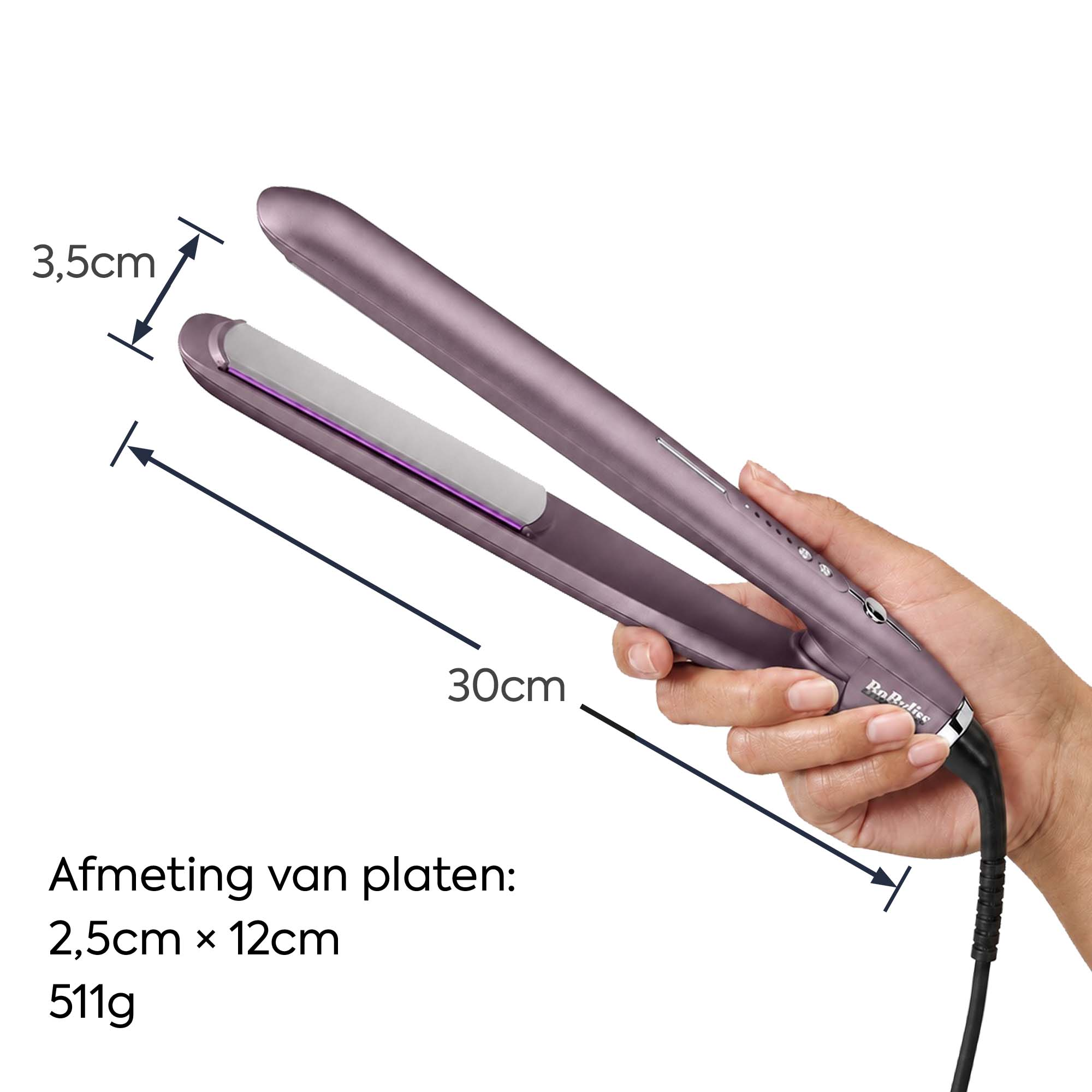 Mano che tiene una piastra per capelli viola con misure.