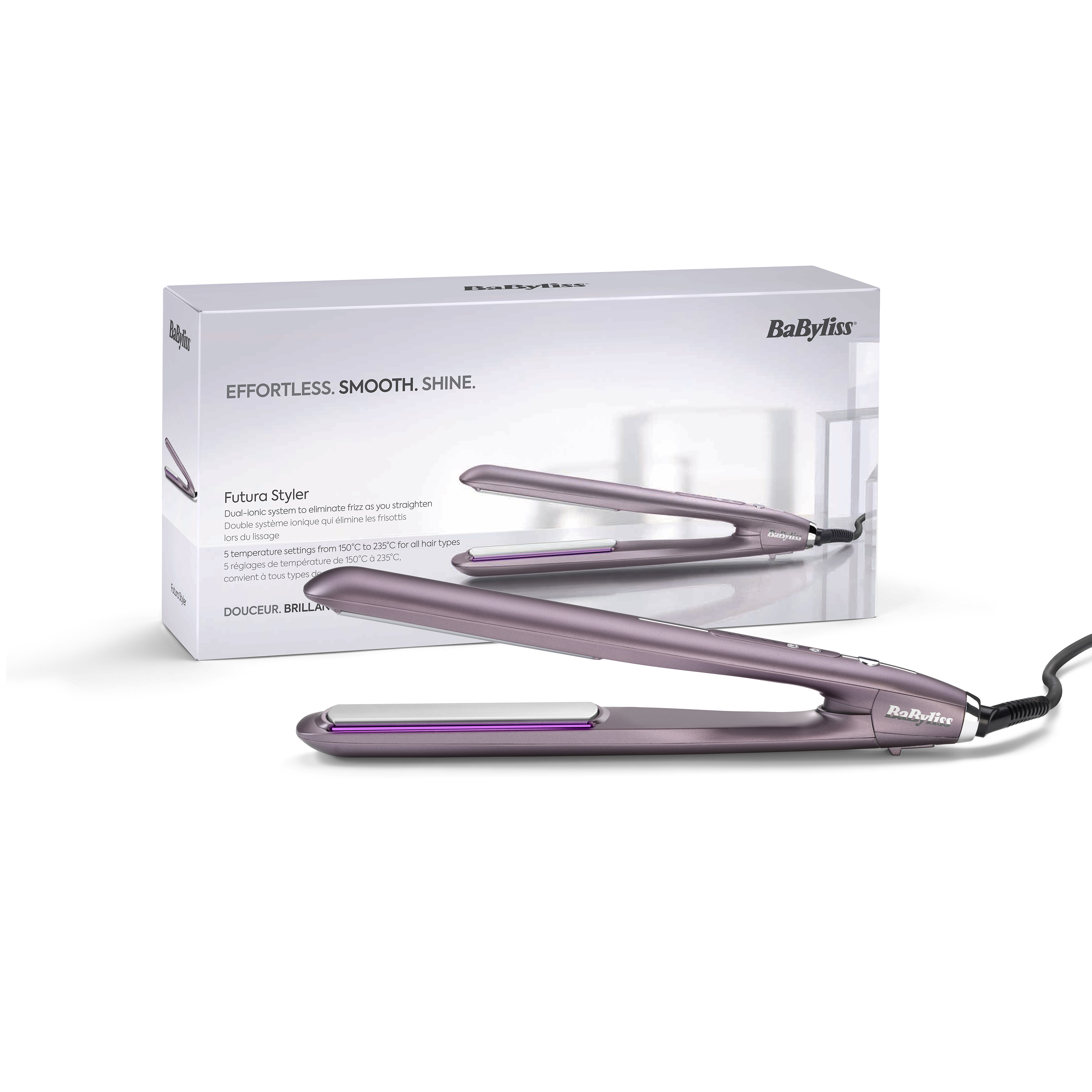 Una piastra per capelli viola lucida è posizionata davanti alla scatola del prodotto etichettata Futura Styler.