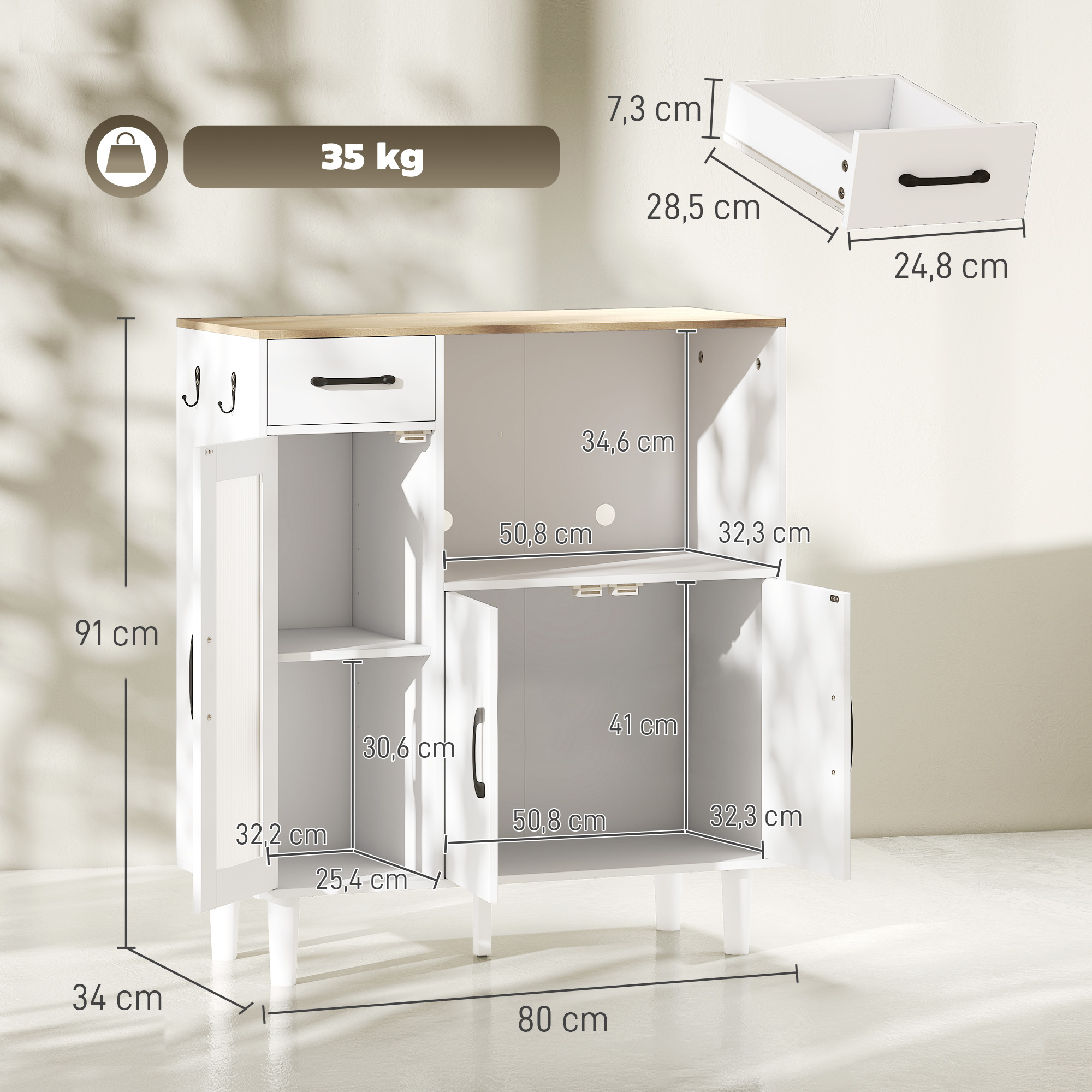 Armario de cocina blanco con encimera de madera, cajón, compartimentos abiertos y medidas.