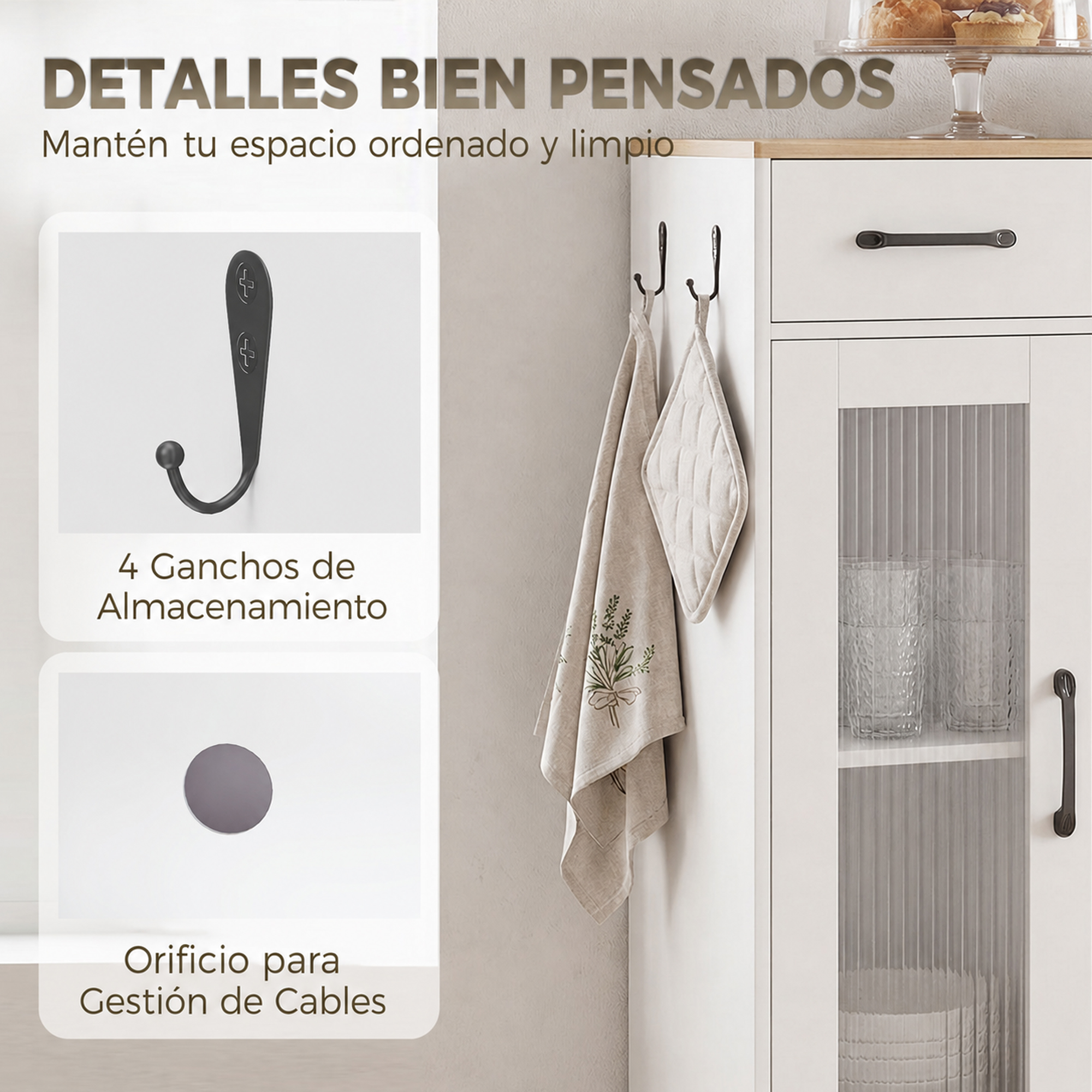 Armario de cocina blanco con ganchos laterales y texto en español.