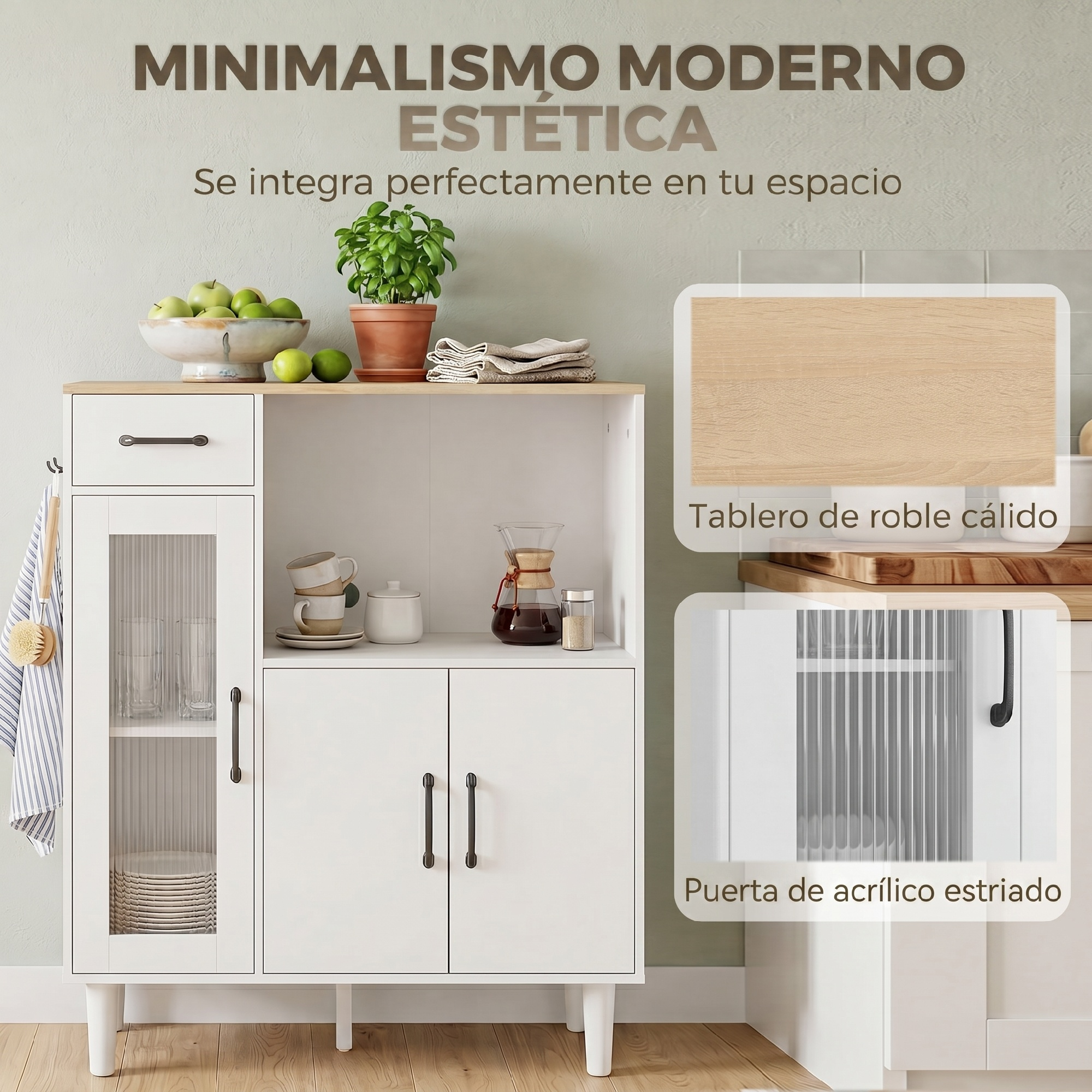 Moderno armario de cocina blanco con encimera de roble, decorado con frutero, planta y vajilla.