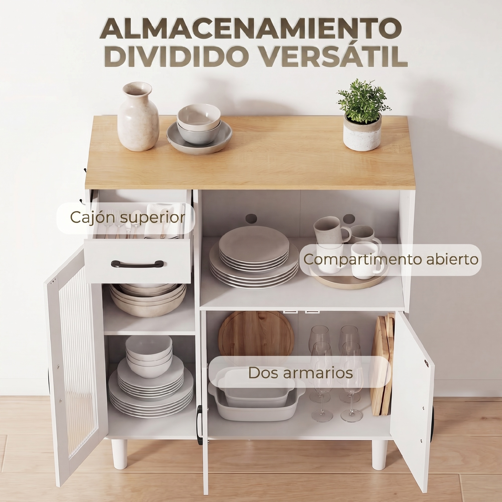 Un armario de cocina blanco con encimera de madera, cajones y compartimentos llenos de vajilla.