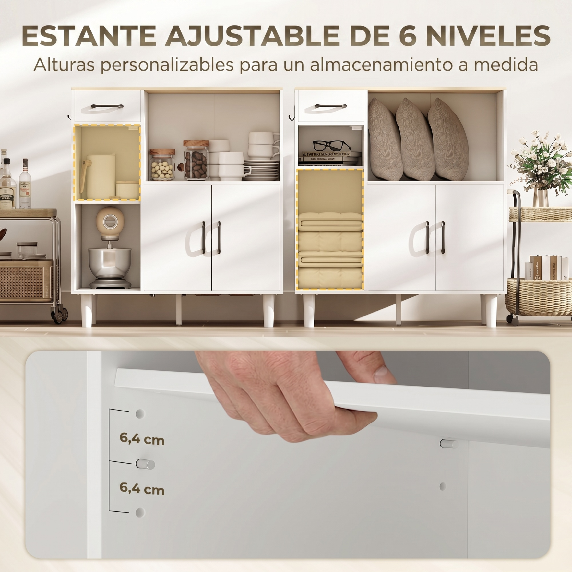 Dos gabinetes de madera blanca con estantes ajustables, mostrados en una habitación luminosa.