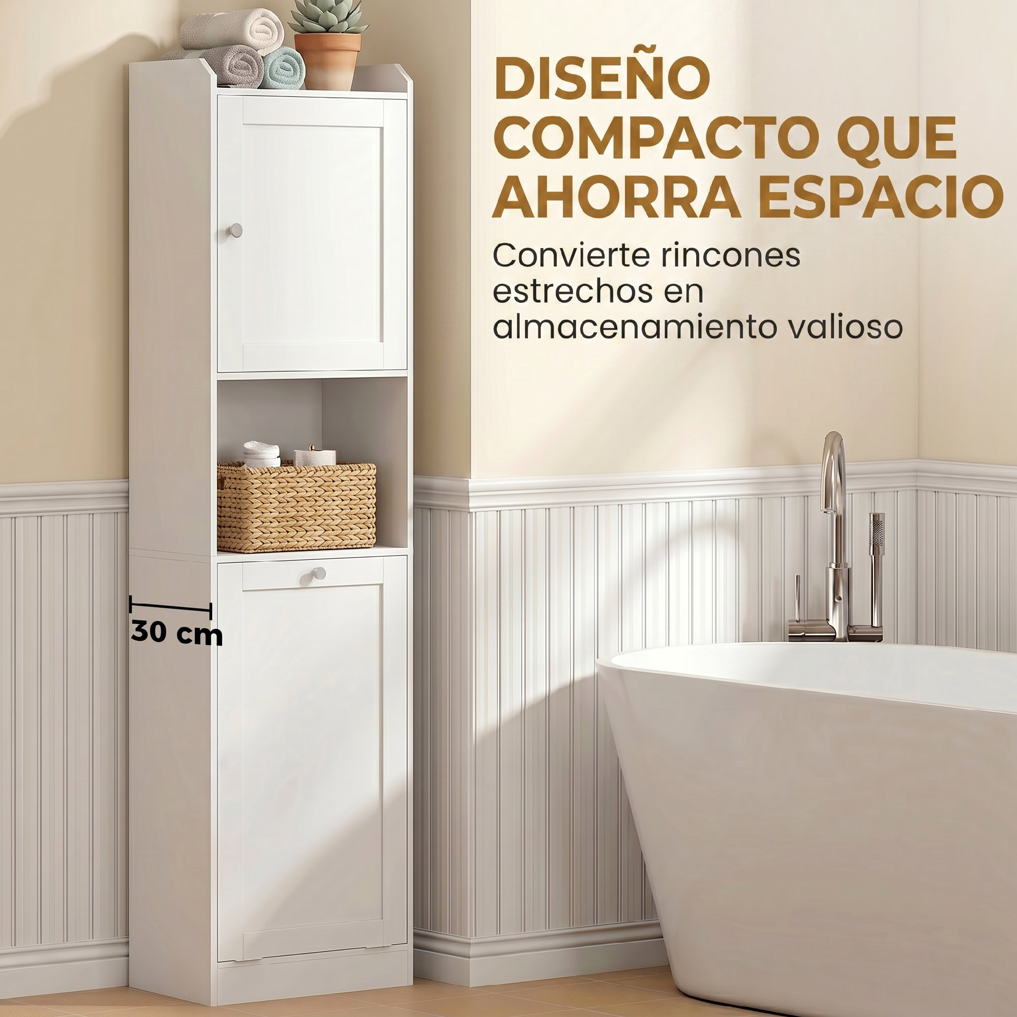 Un armario de baño blanco y estrecho junto a una bañera, con dos puertas, un estante abierto y texto.