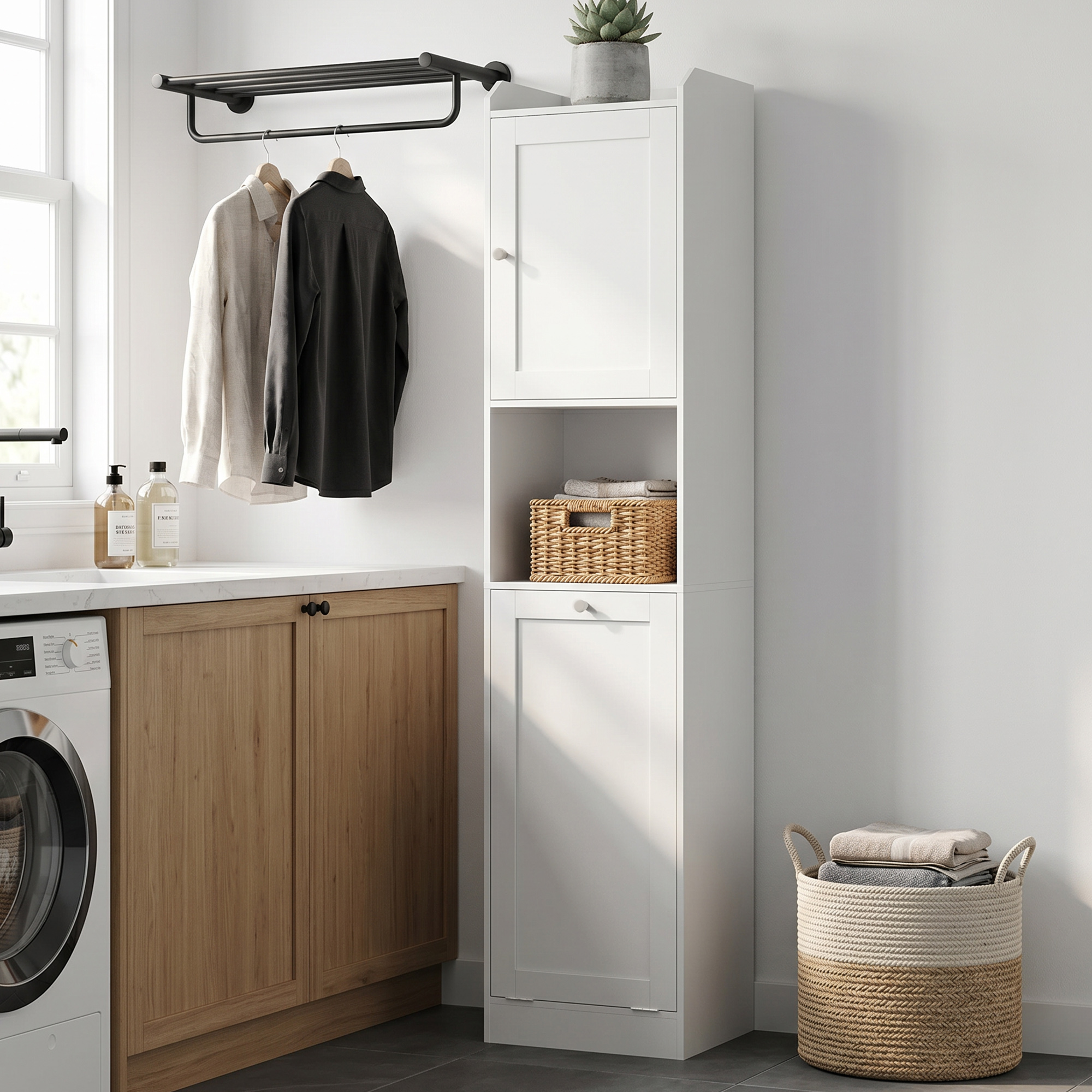Un armario blanco alto, ropa colgada, mueble de madera y cesta con toallas en un cuarto de lavado luminoso.
