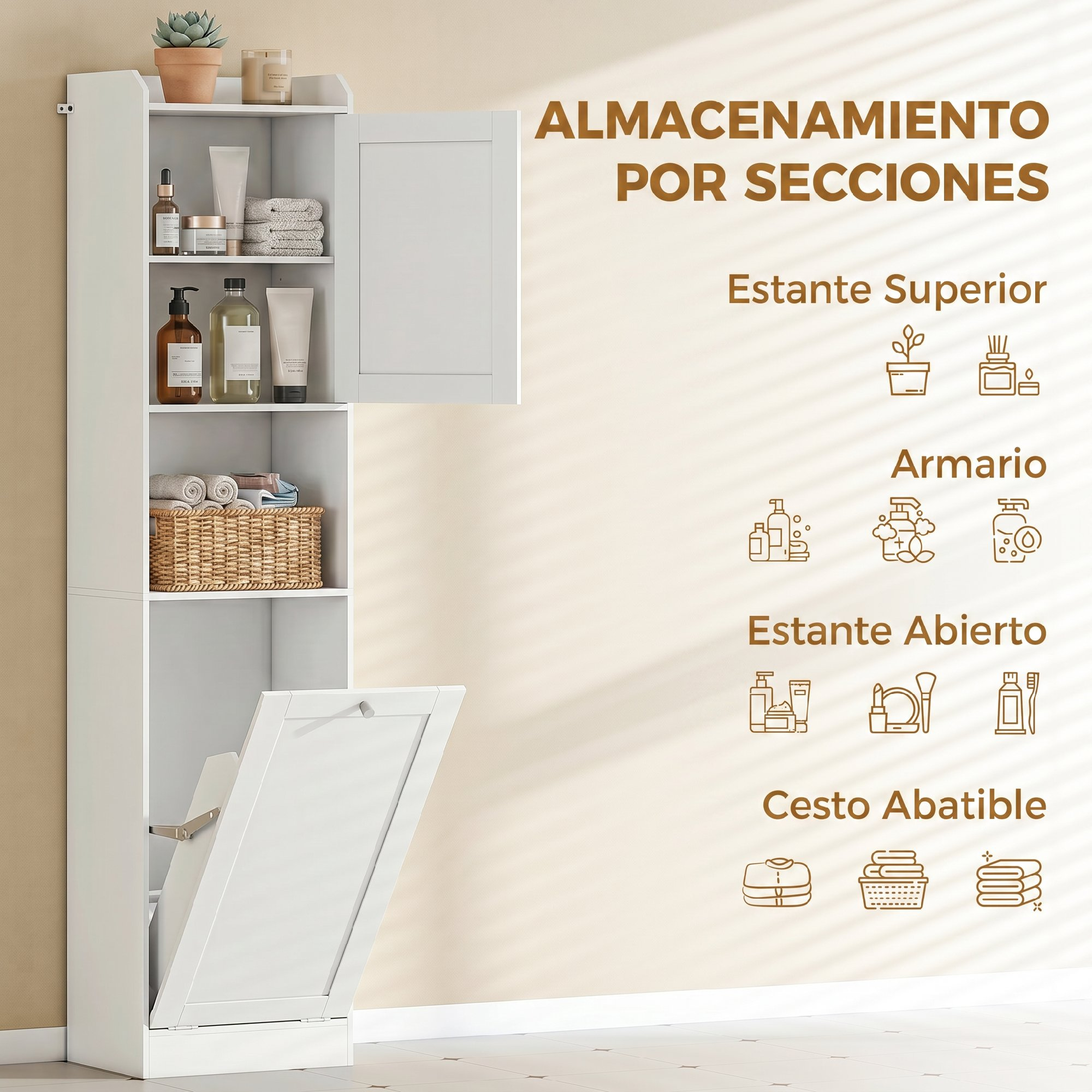 Un armario de baño blanco y alto con estantes, puertas y un cesto para la ropa abatible.