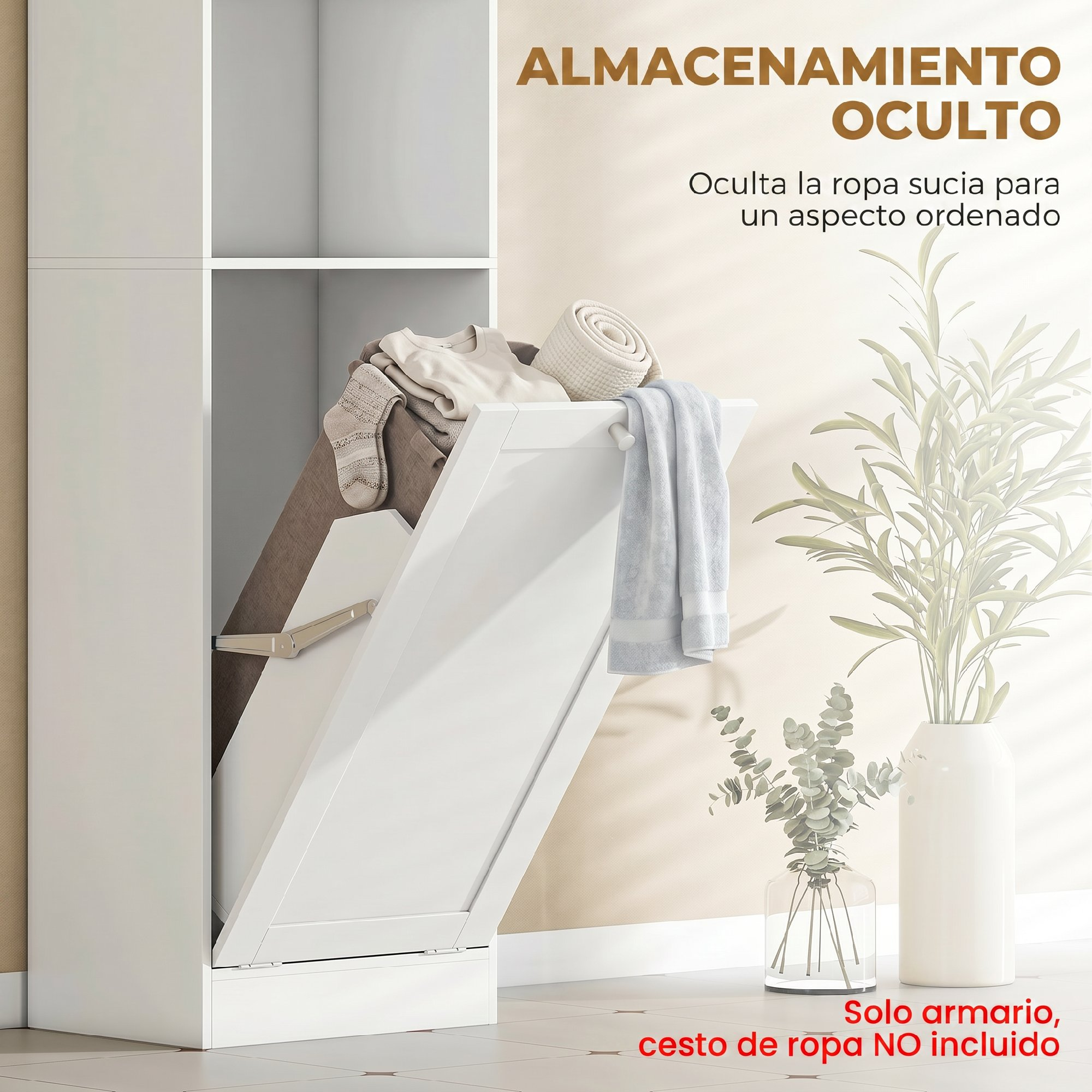 Un armario blanco para ropa con un cajón abierto inclinado lleno de ropa y una toalla, y una planta cerca.