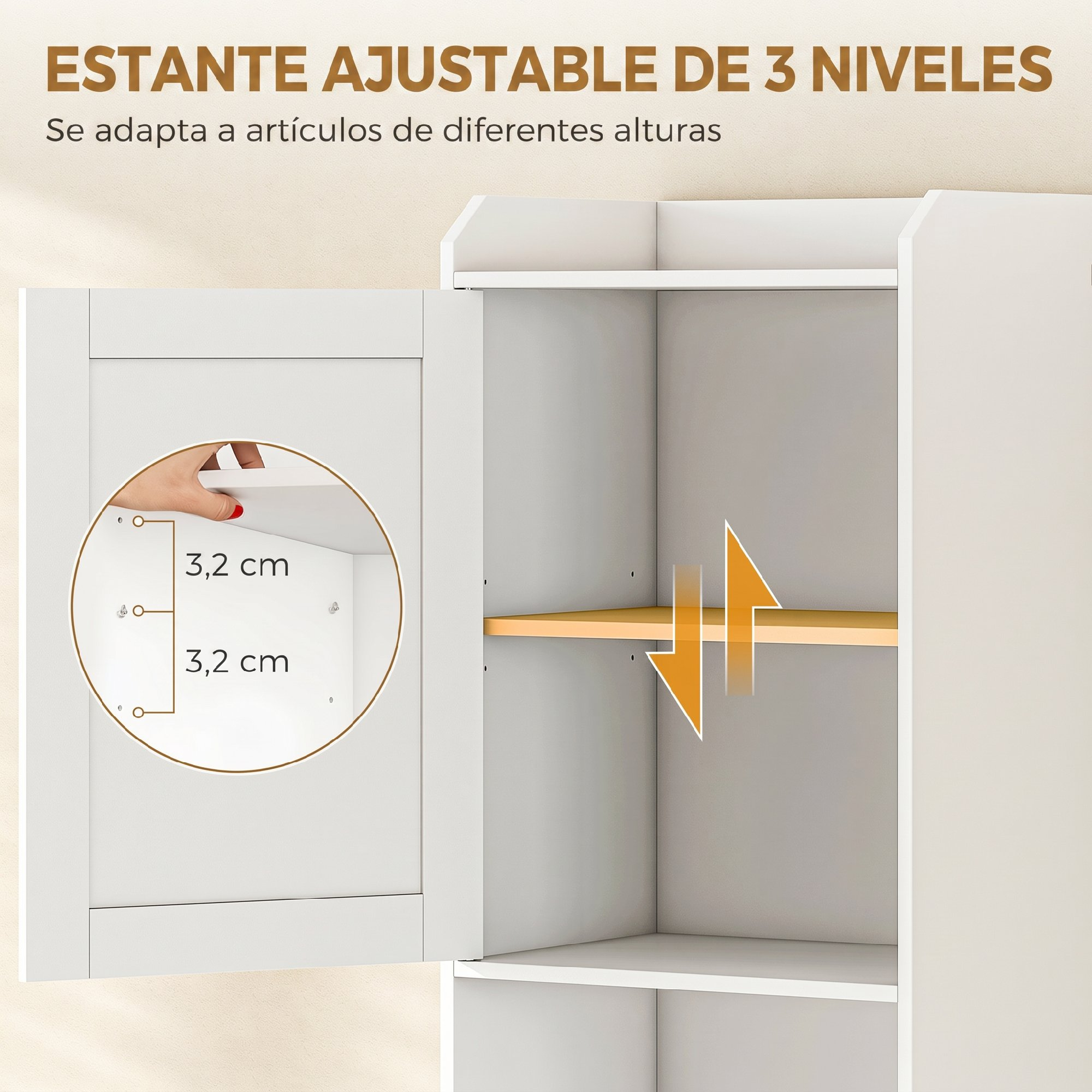 Gabinete blanco con estante de madera ajustable a intervalos de 3.2 cm. Texto en español arriba.