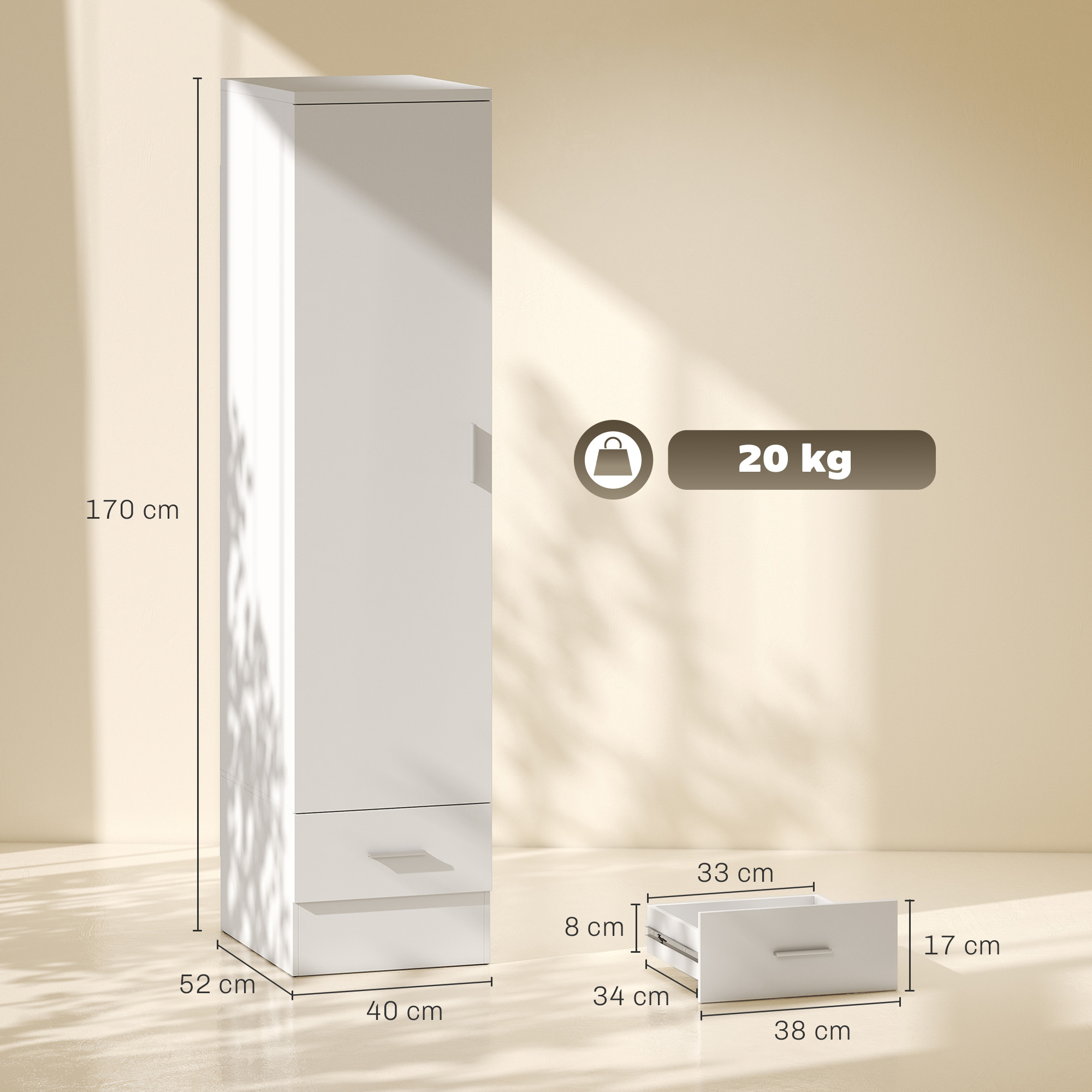 Un armario alto blanco con dimensiones, un cajón y un peso de 20 kg sobre fondo beige.