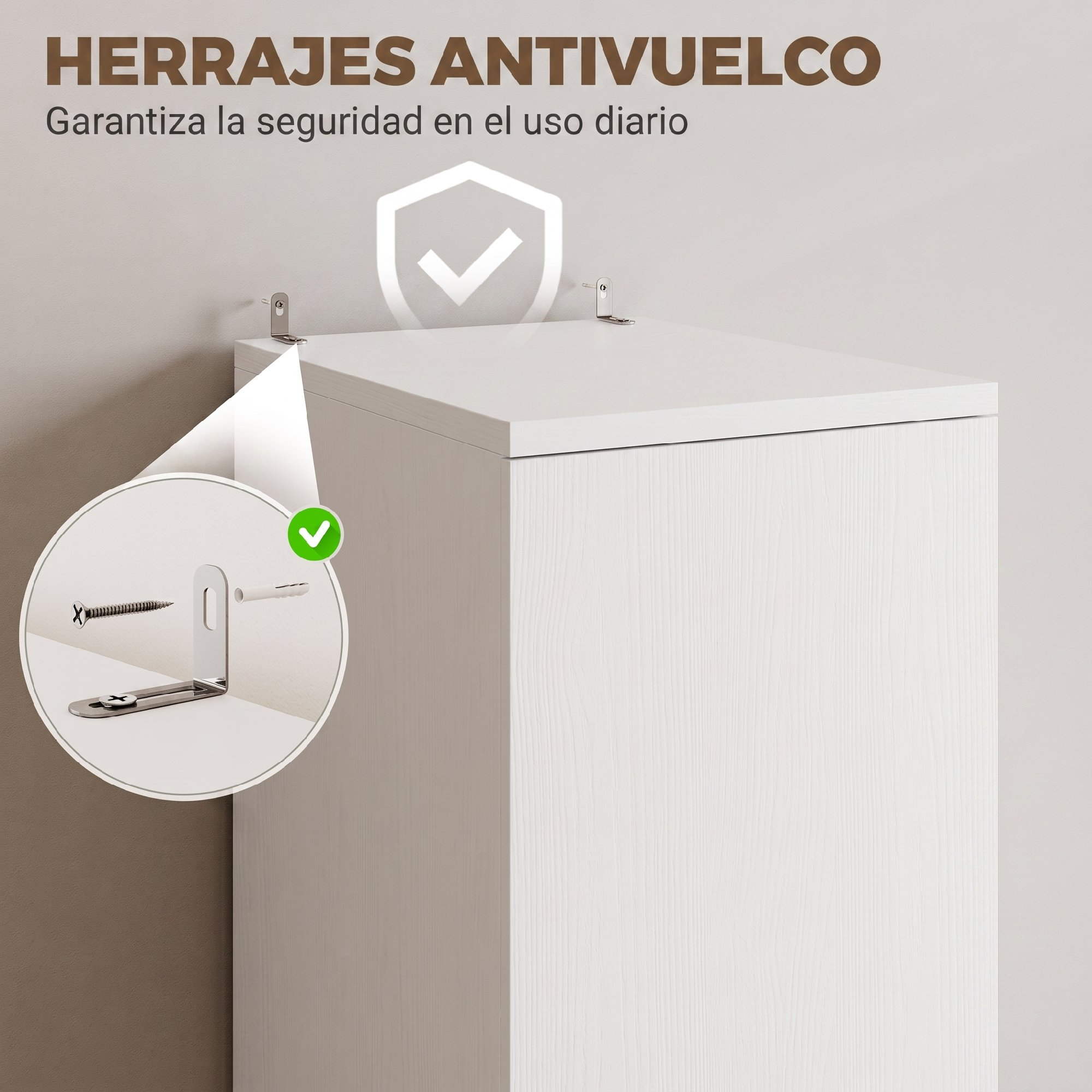 Un armario blanco con herrajes antivuelco de metal y un círculo de aumento que muestra los elementos de instalación.