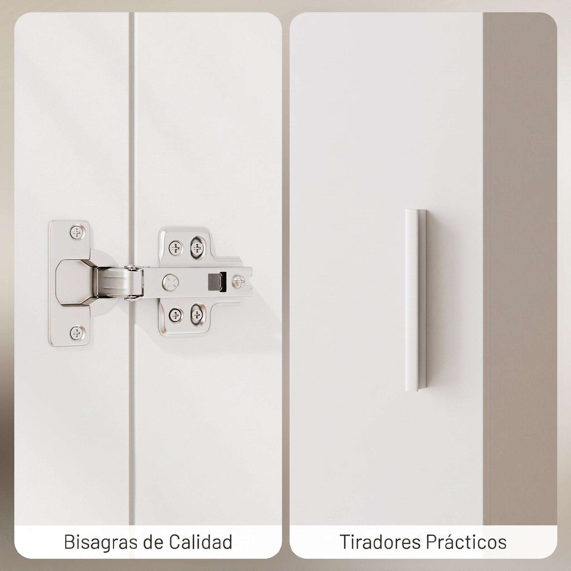 Primer plano de una bisagra metálica en una puerta blanca y un tirador blanco al lado.