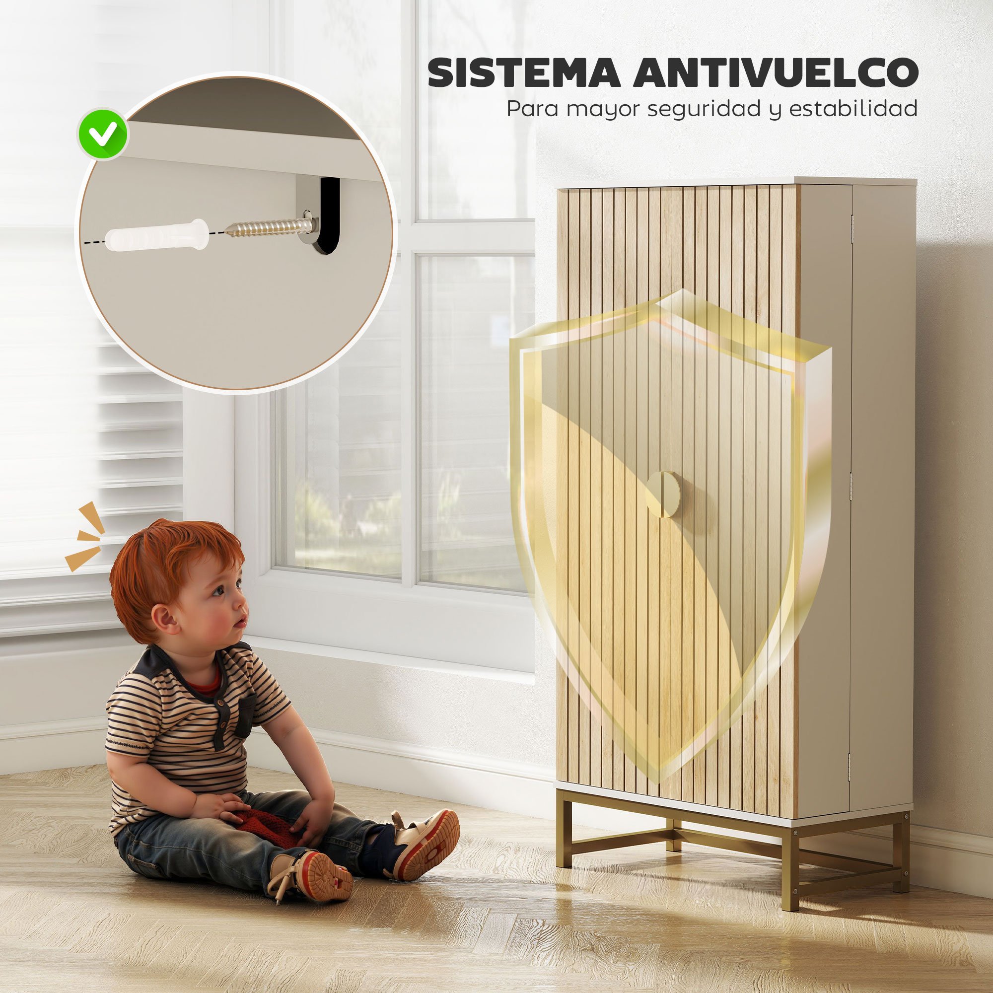 Un niño pequeño junto a un armario con sistema antivuelco y un diagrama de anclaje.