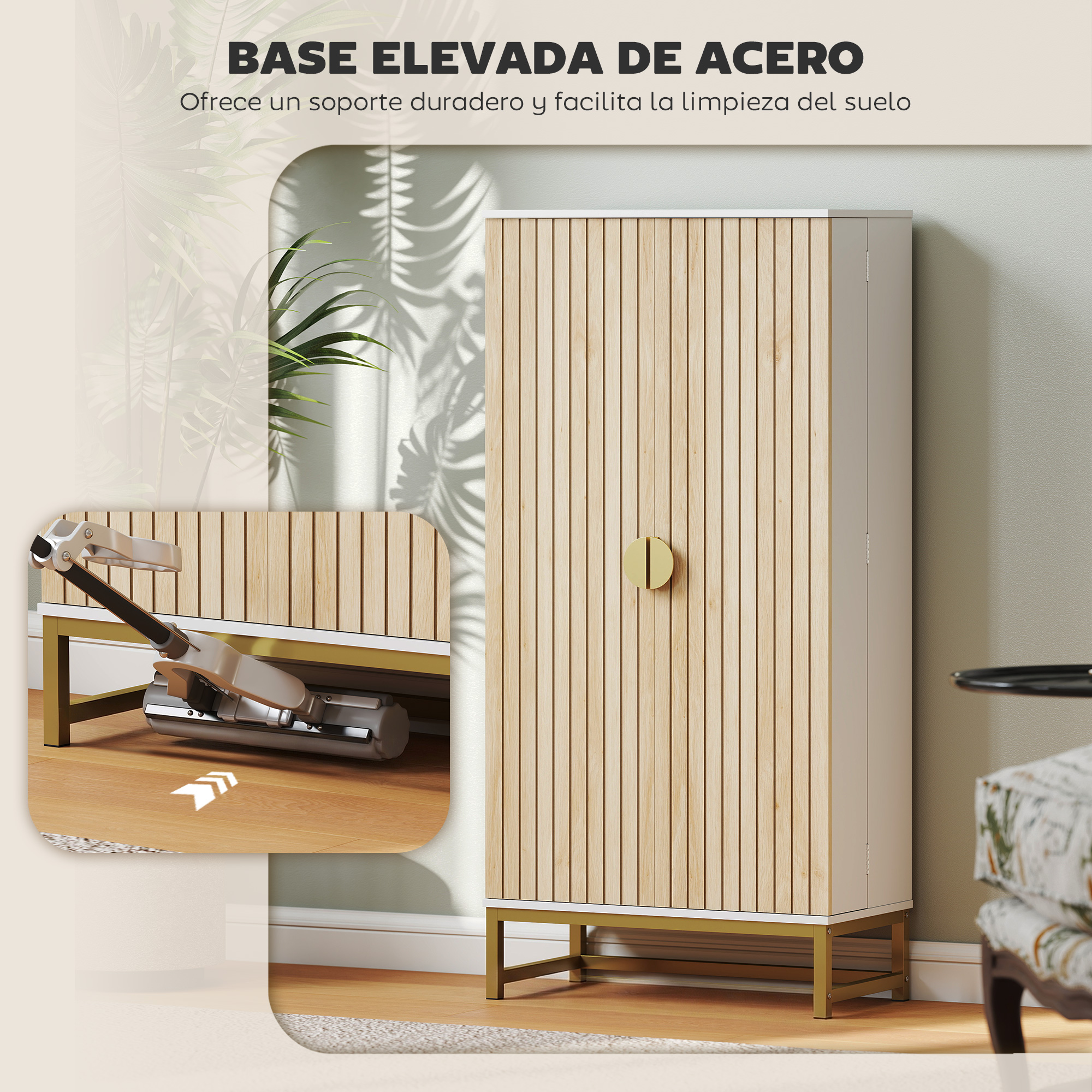 Armario de madera con lamas verticales sobre base elevada de metal dorado, con aspiradora debajo.