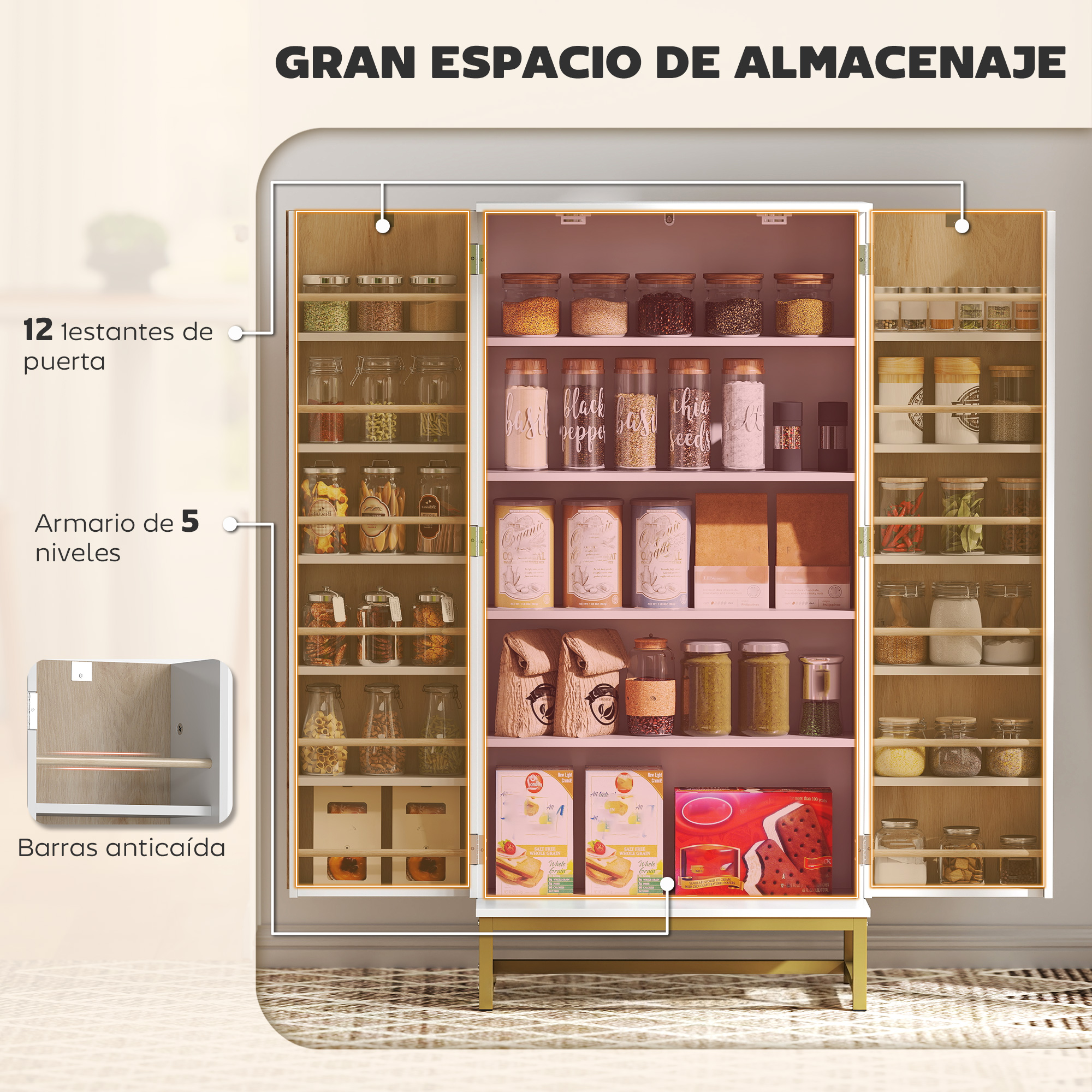 Armario despensa abierto con frascos llenos, especias y comestibles, con texto en español e infografías.