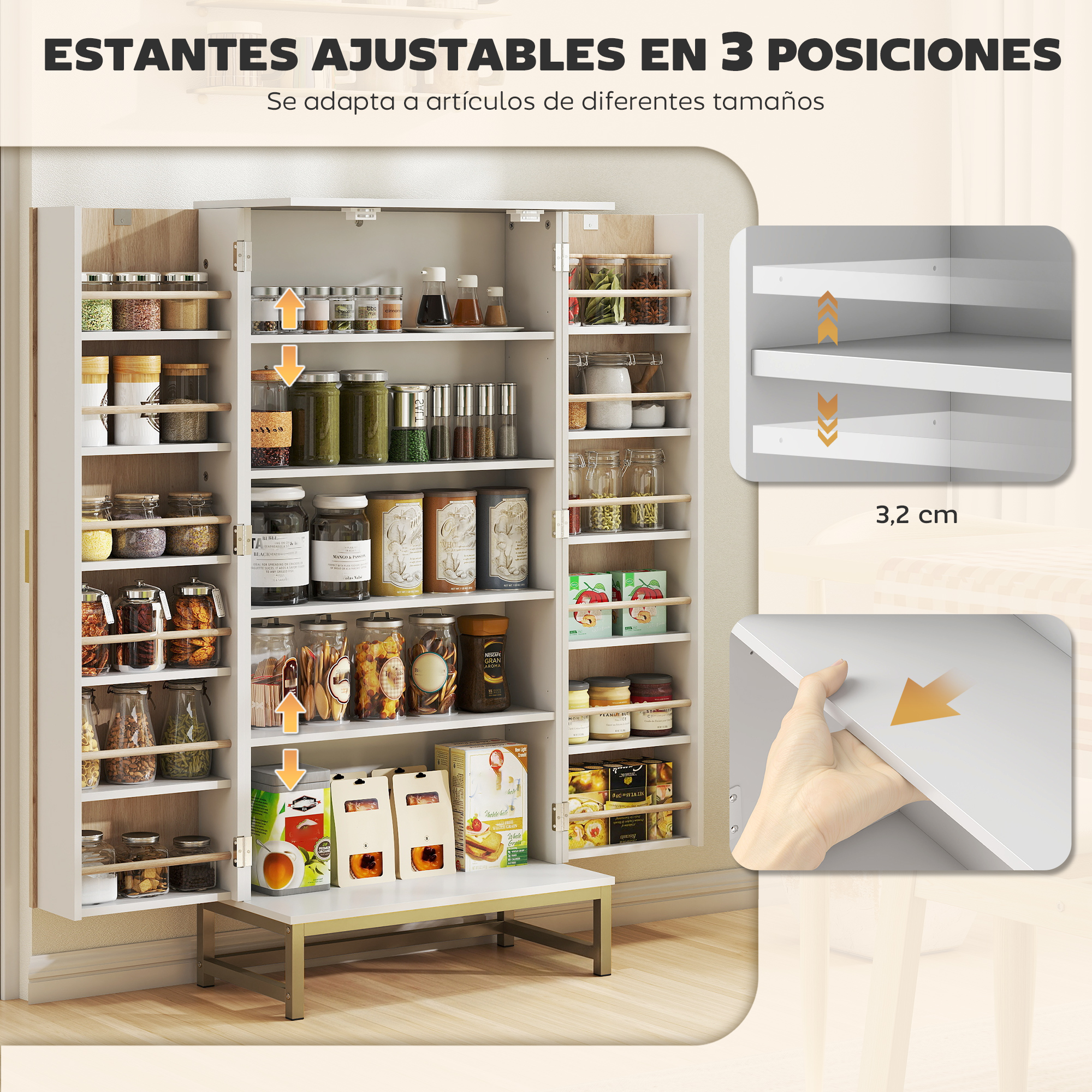Un armario despensa blanco con estantes ajustables, lleno de especias y recipientes.