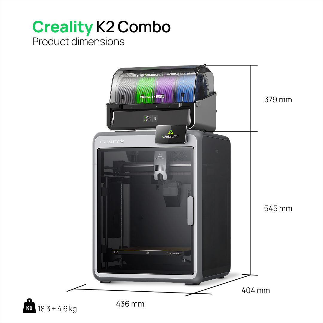 Stampante 3D Creality K2 Combo con unità filamento superiore, peso e dimensioni indicati su sfondo bianco.