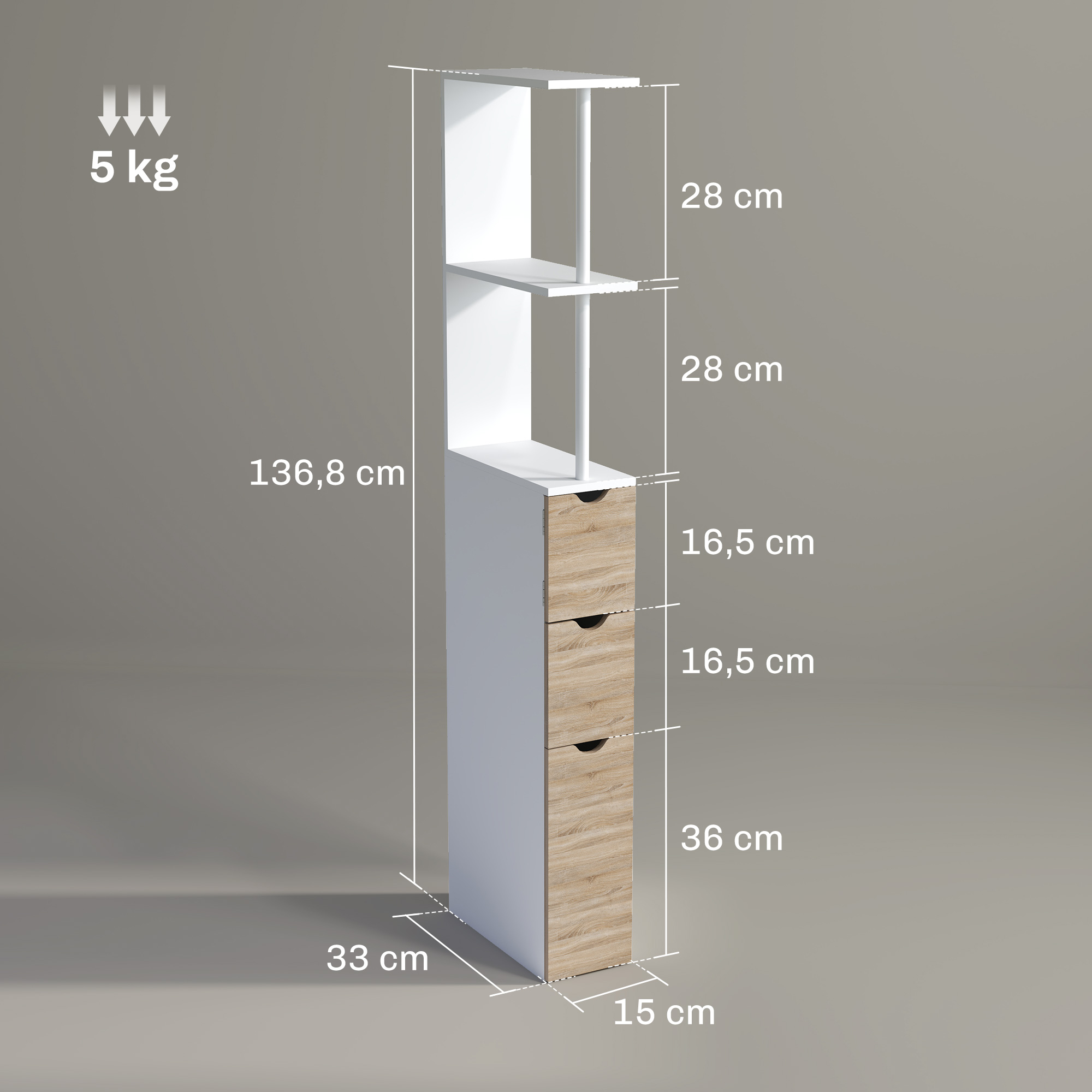 Dibujo técnico de una estantería blanca y estrecha con cajones de madera y cotas.