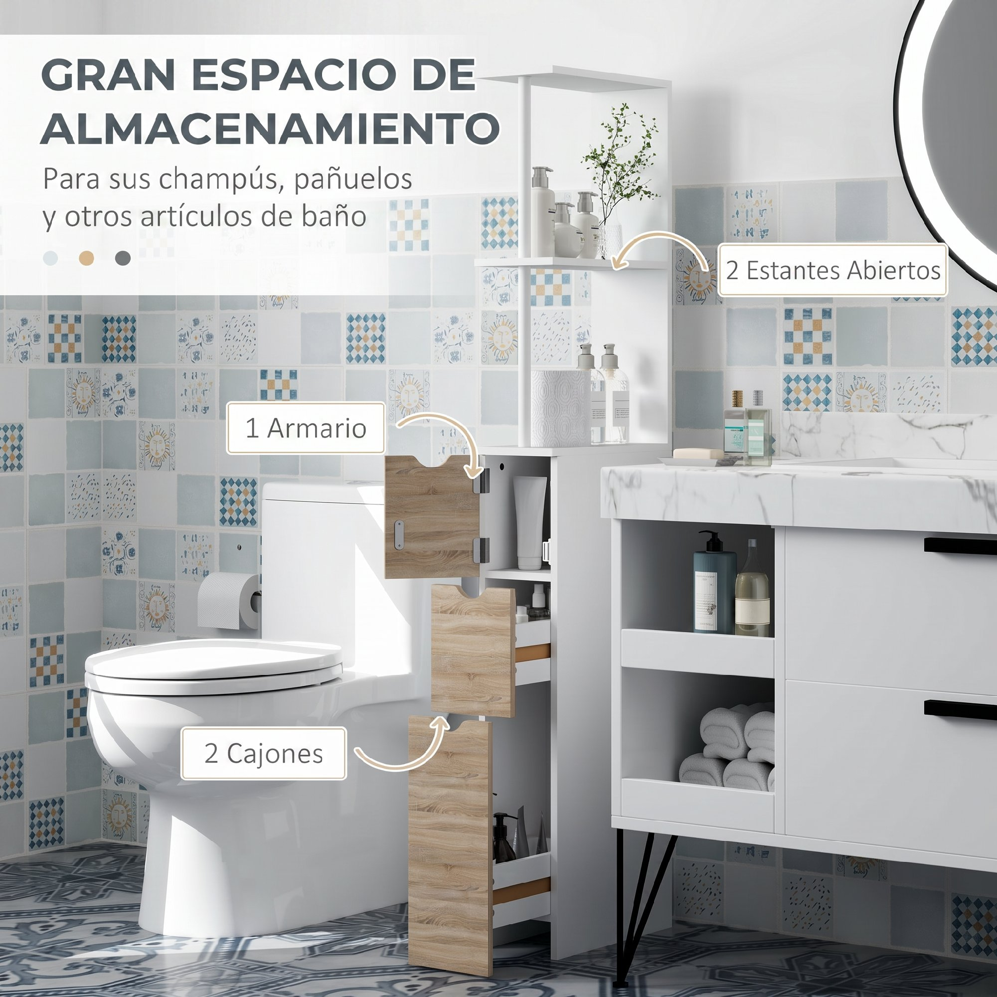 Mueble de baño blanco con estantes abiertos, armario y cajones entre el inodoro y el lavabo.