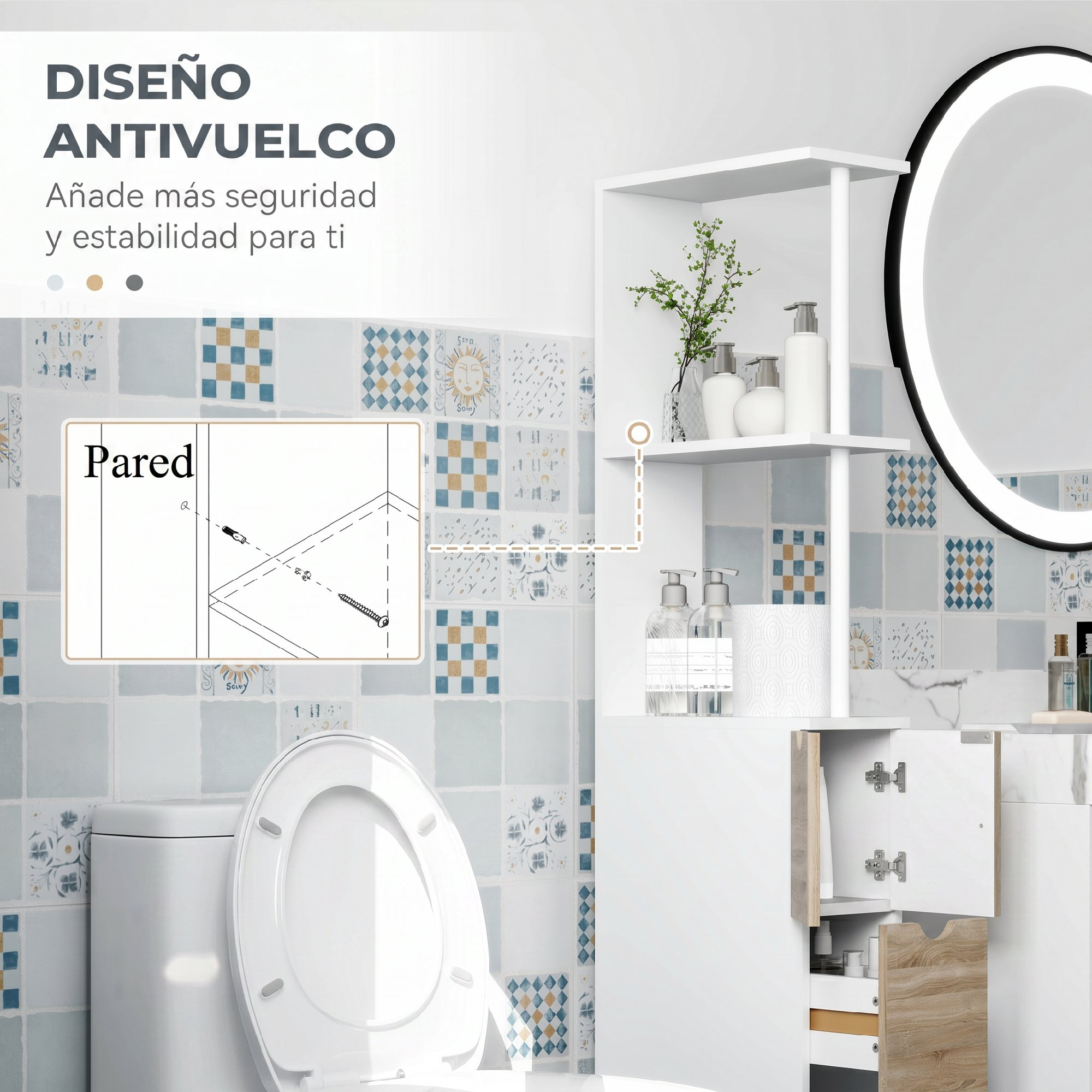 Baño con estantería blanca, inodoro y un diagrama de instrucciones para fijar a la pared.