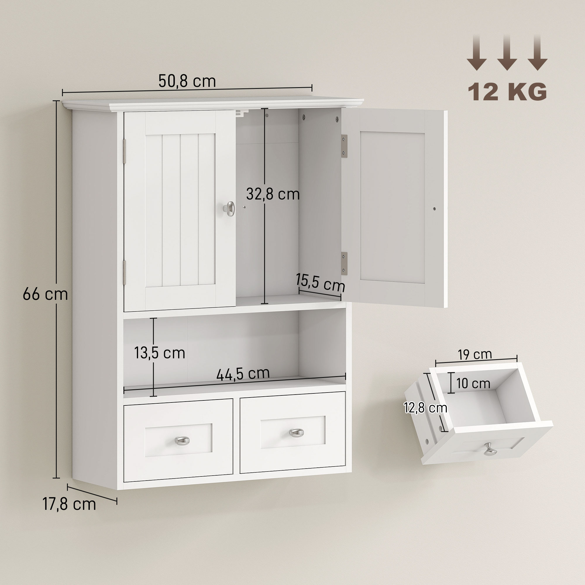 Armario de pared blanco con dimensiones, estantes abiertos, cajones y puerta abierta, capacidad 12 kg.