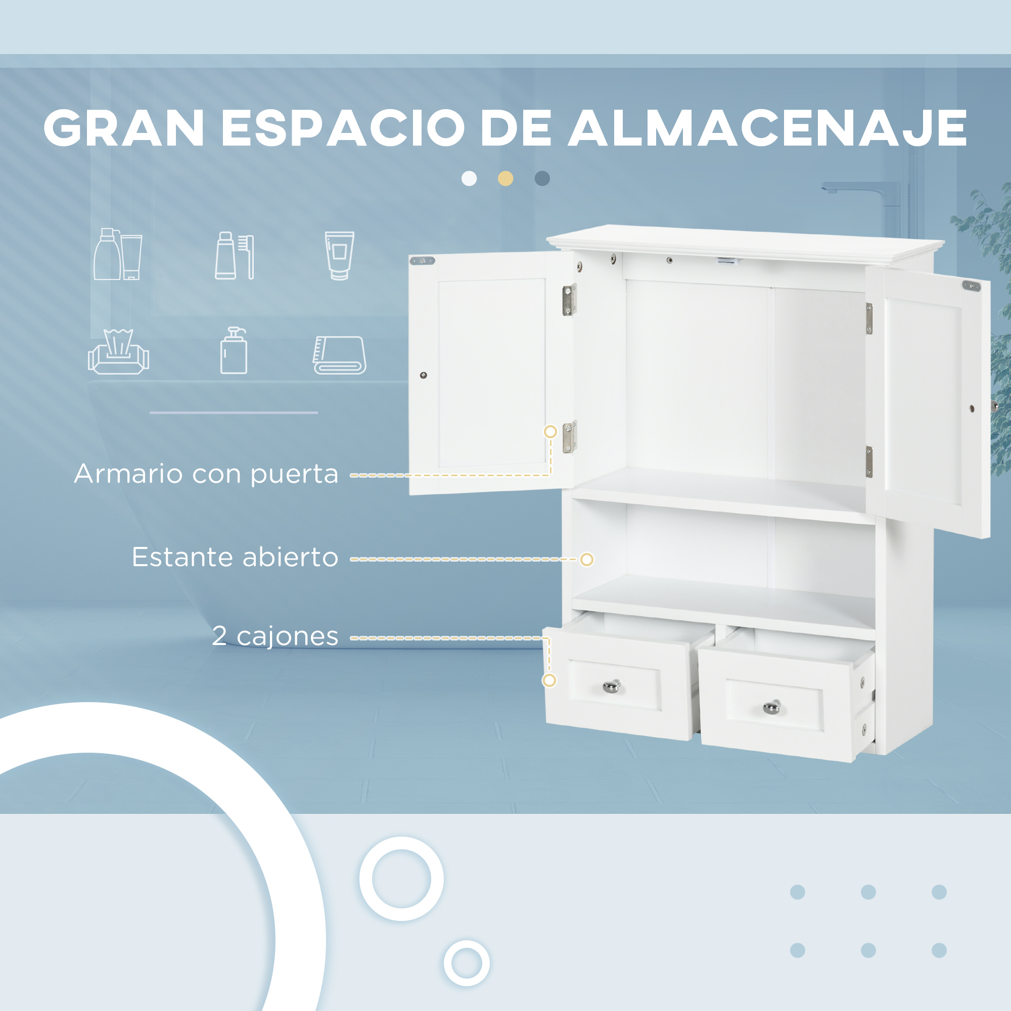 Armario de pared blanco con dos estantes abiertos, dos cajones y puertas, sobre un fondo de habitación azul claro.