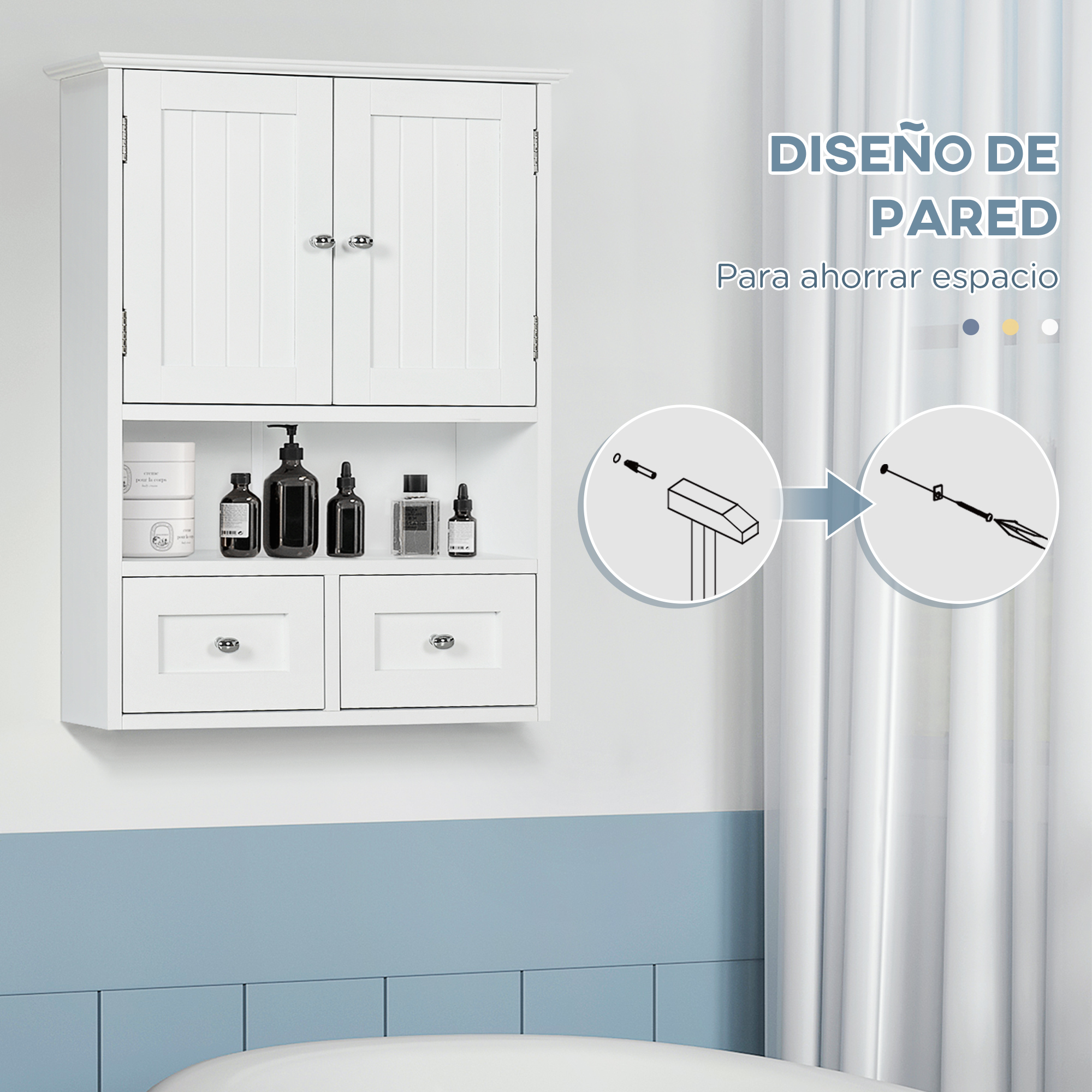 Armario de pared blanco para baño con dos puertas, estante abierto con botellas y dos cajones.