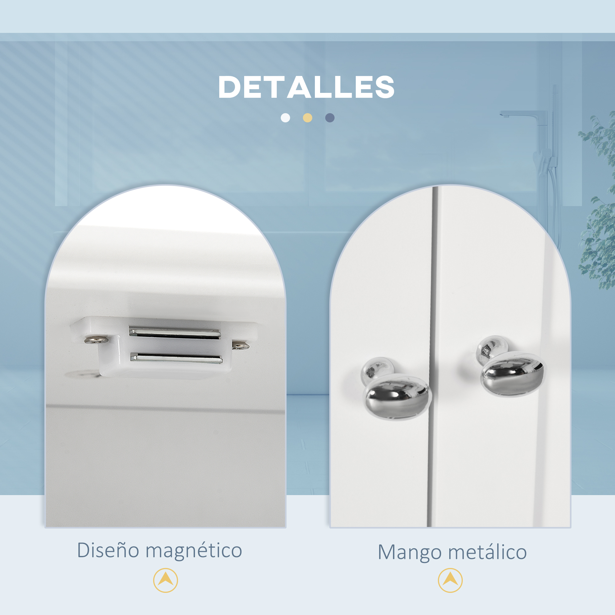 Detalles de muebles de baño muestran un cierre magnético y tiradores metálicos brillantes en puertas blancas.