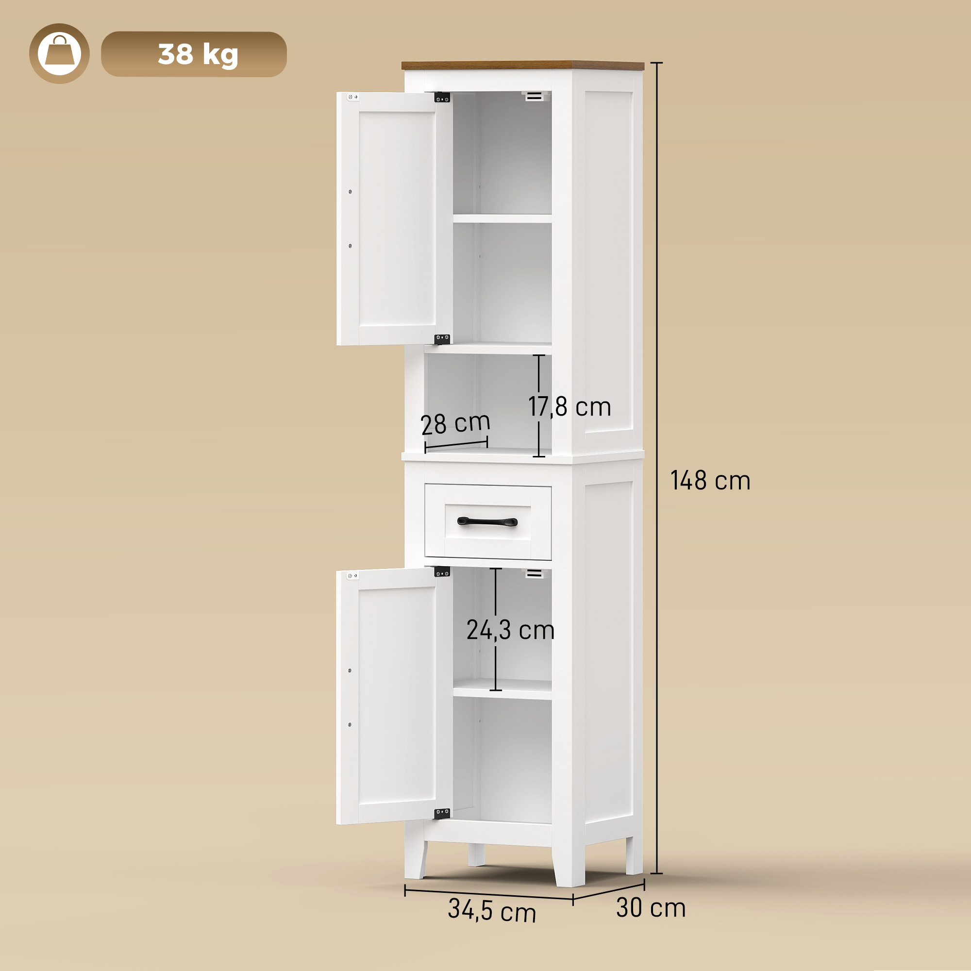 Armario de baño blanco con puertas abiertas, cajón y dimensiones sobre fondo beige.