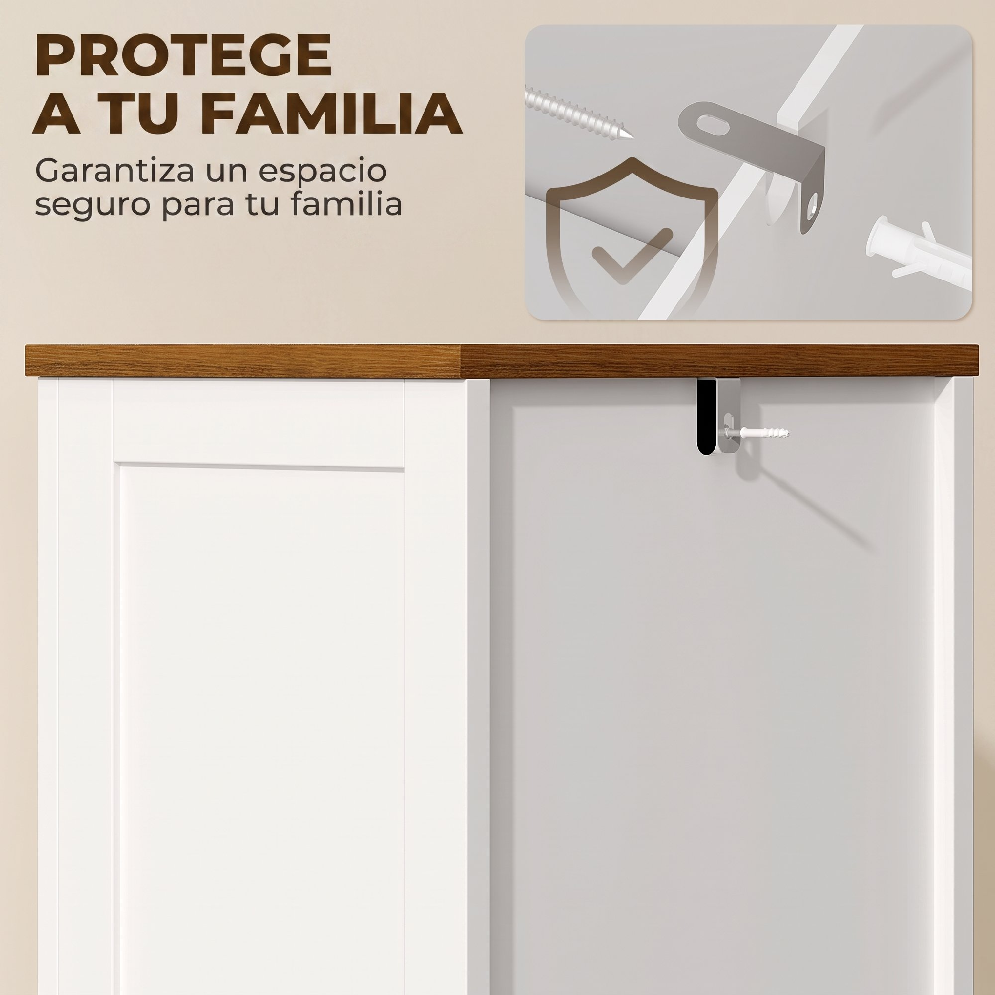 Un armario blanco con tapa de madera muestra herrajes de instalación para seguridad.