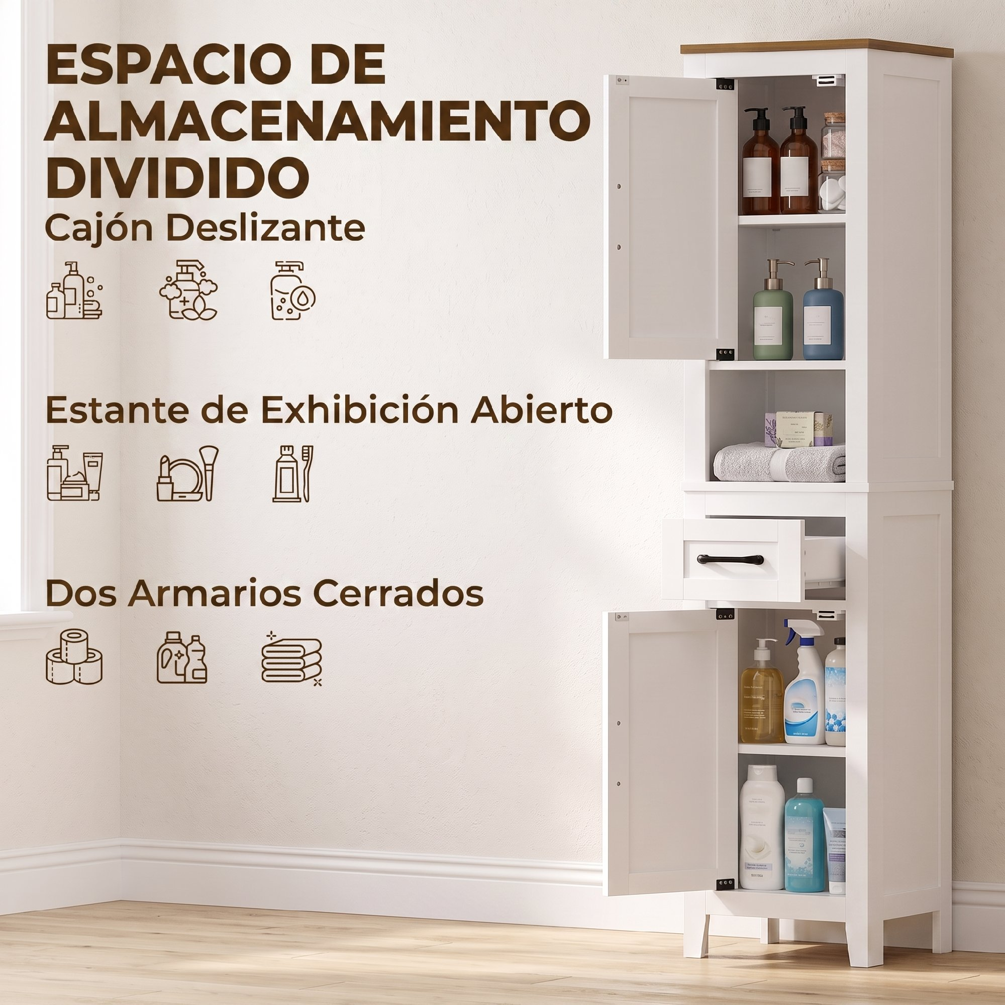 Armario de baño blanco con puertas abiertas, cajón y artículos de aseo.