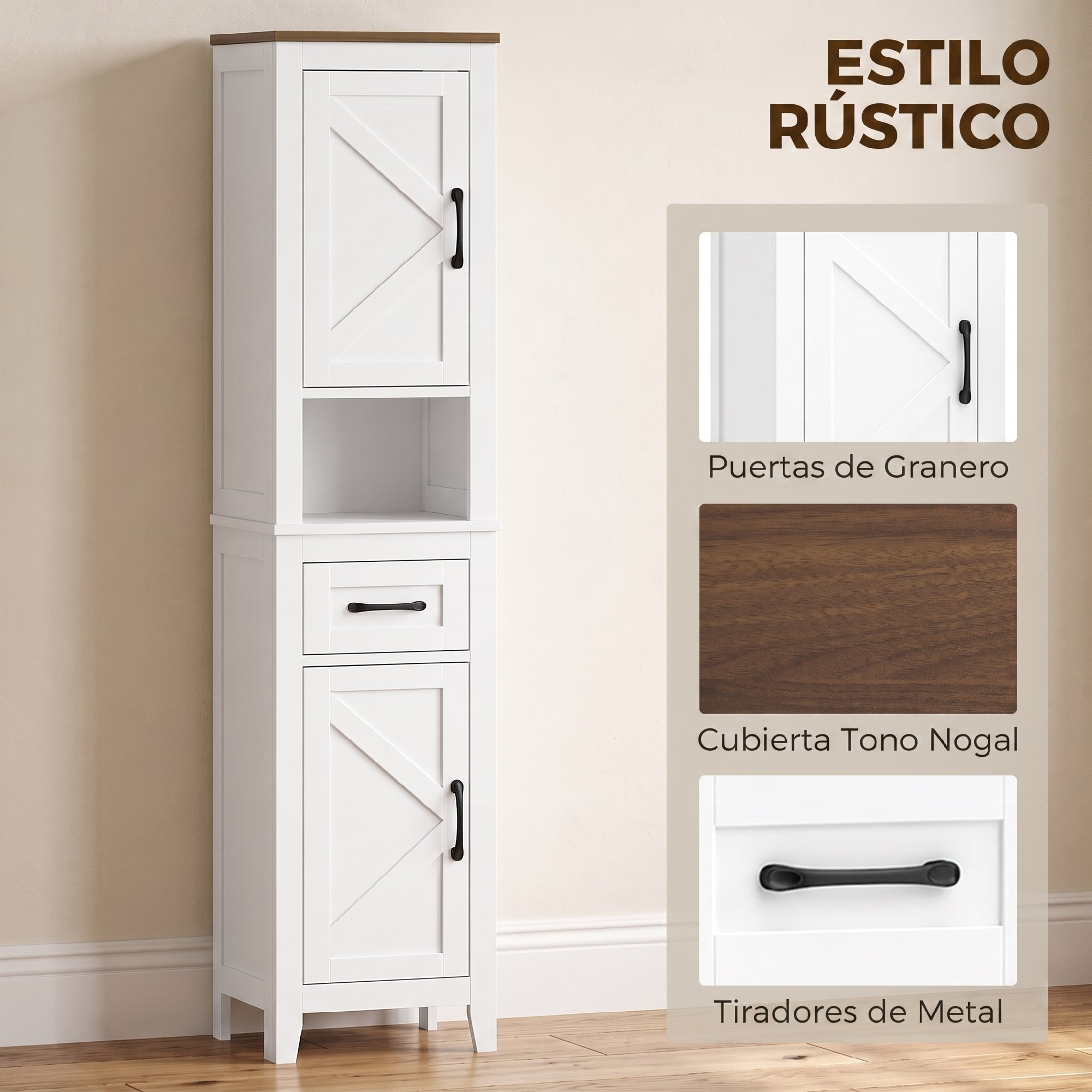 Armario de baño rústico blanco con tapa de madera, puertas de granero y tiradores negros.