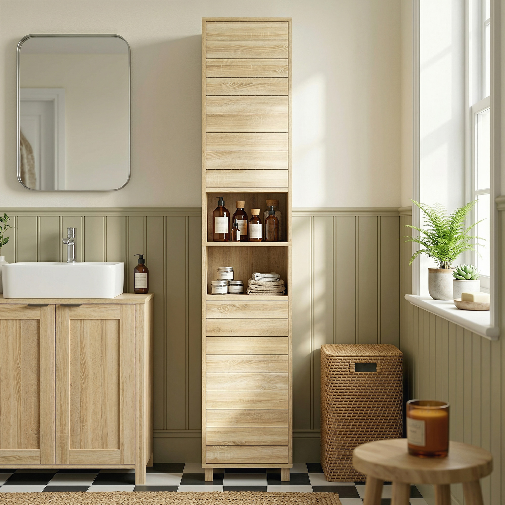Un baño luminoso con muebles de madera clara, paneles verdes, lavabo, cesto de mimbre y suelo de baldosas blanco y negro.