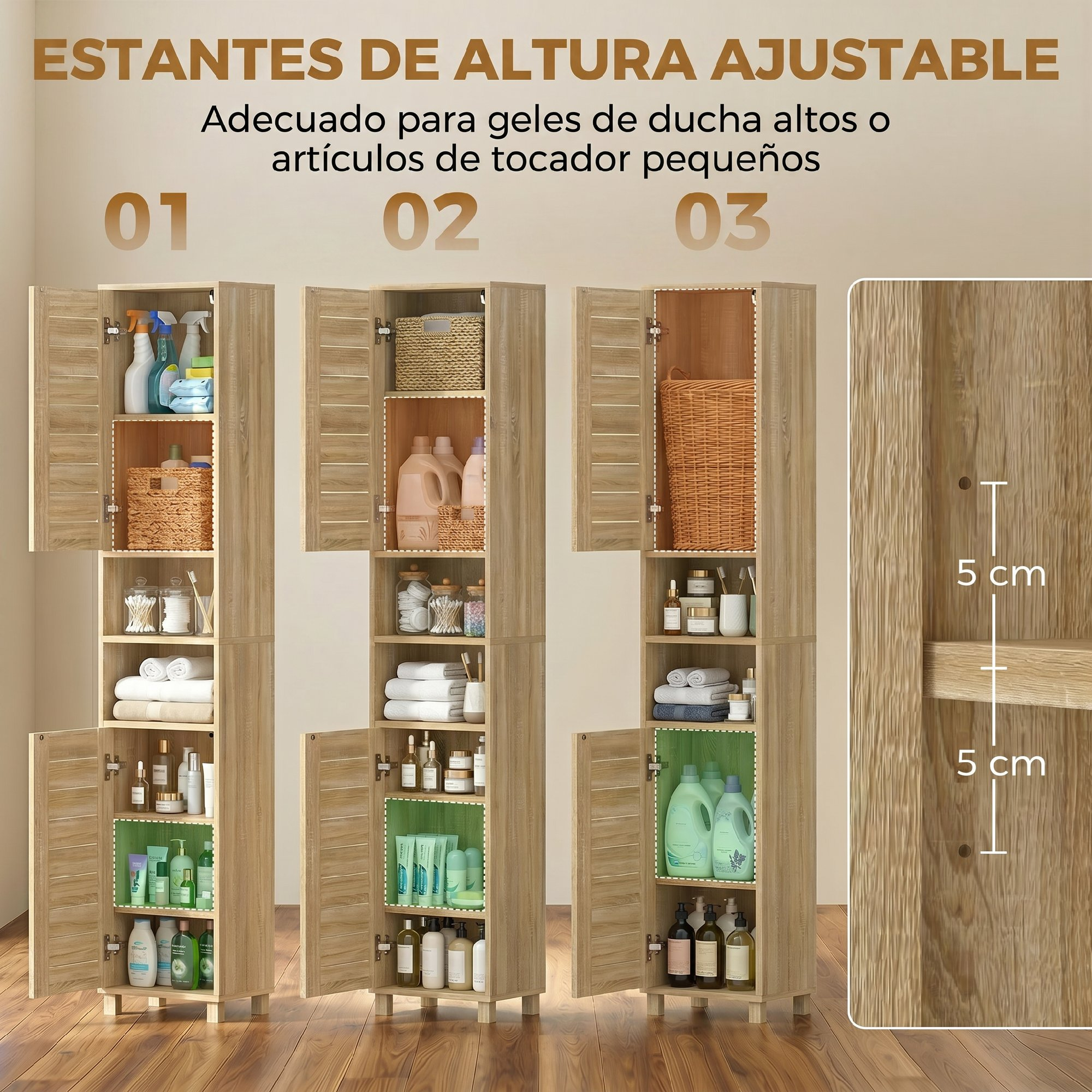 Armarios altos de baño de madera beige con estantes ajustables, llenos de artículos de aseo y toallas.