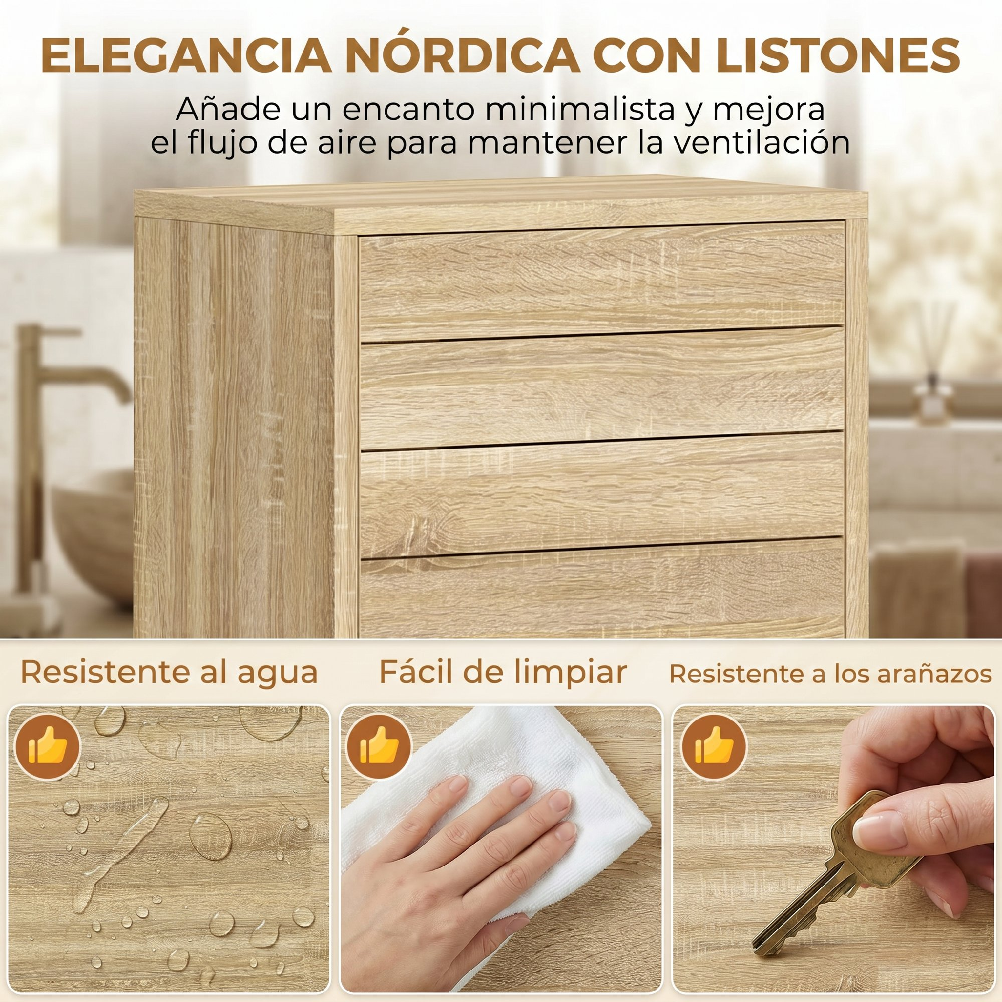 Mueble de madera nórdica con cuatro cajones, resistente al agua y fácil de limpiar.