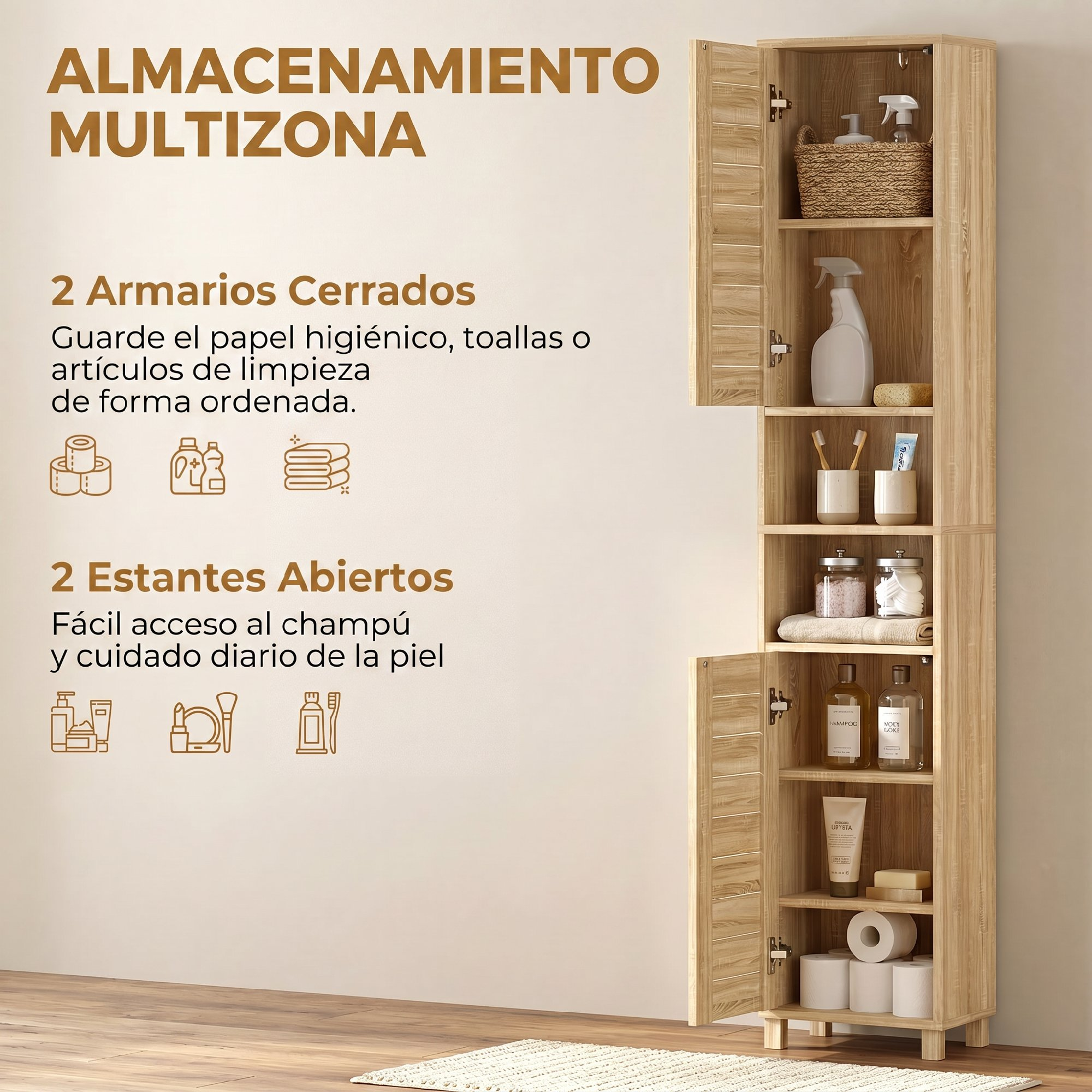 Un armario de madera clara con estantes abiertos y cerrados llenos de artículos de baño y texto en español.