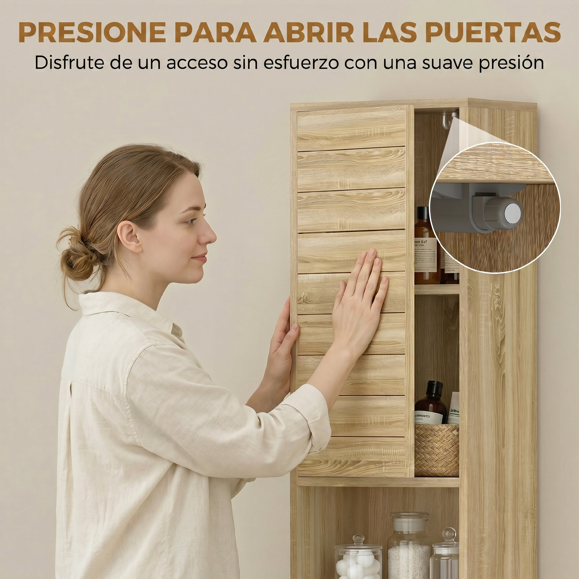 Mujer abre armario de pared de madera con presión, detalle del cierre magnético.