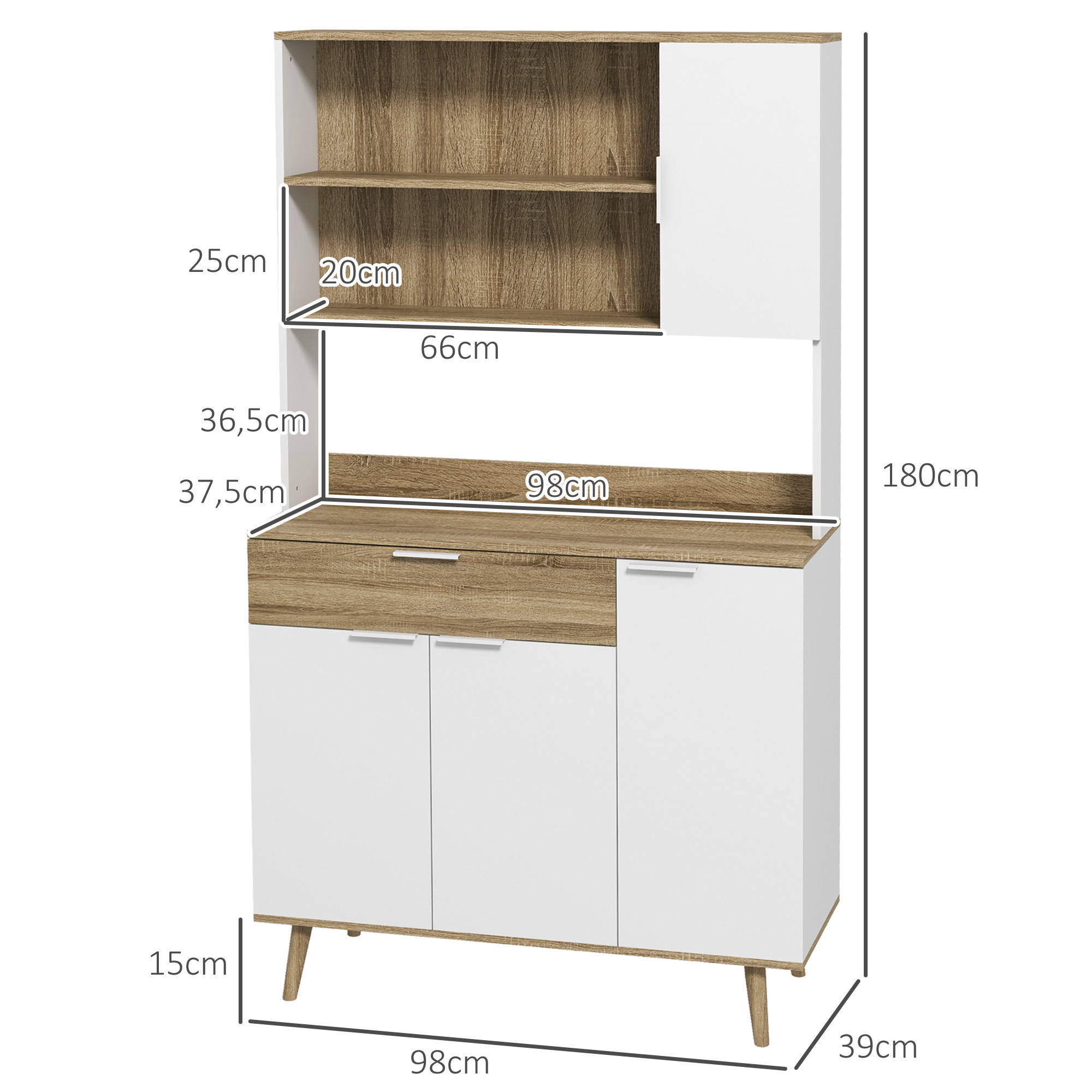 Aparador blanco y madera con flechas de dimensiones, cajones, estantes y armarios.