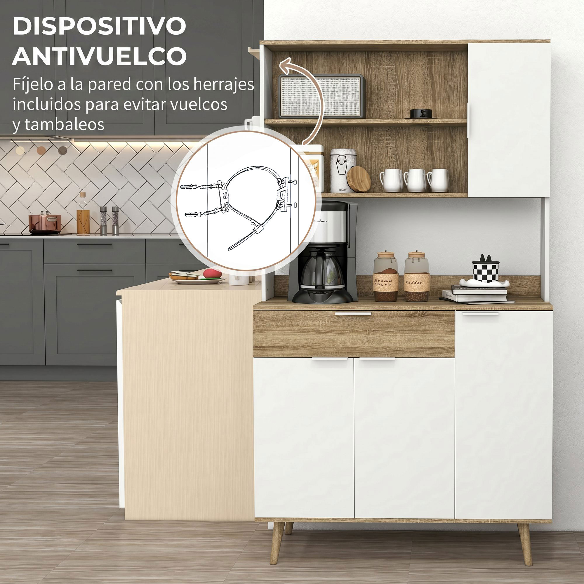 Un armario de cocina con un diagrama de un dispositivo antivuelco para fijarlo a la pared.