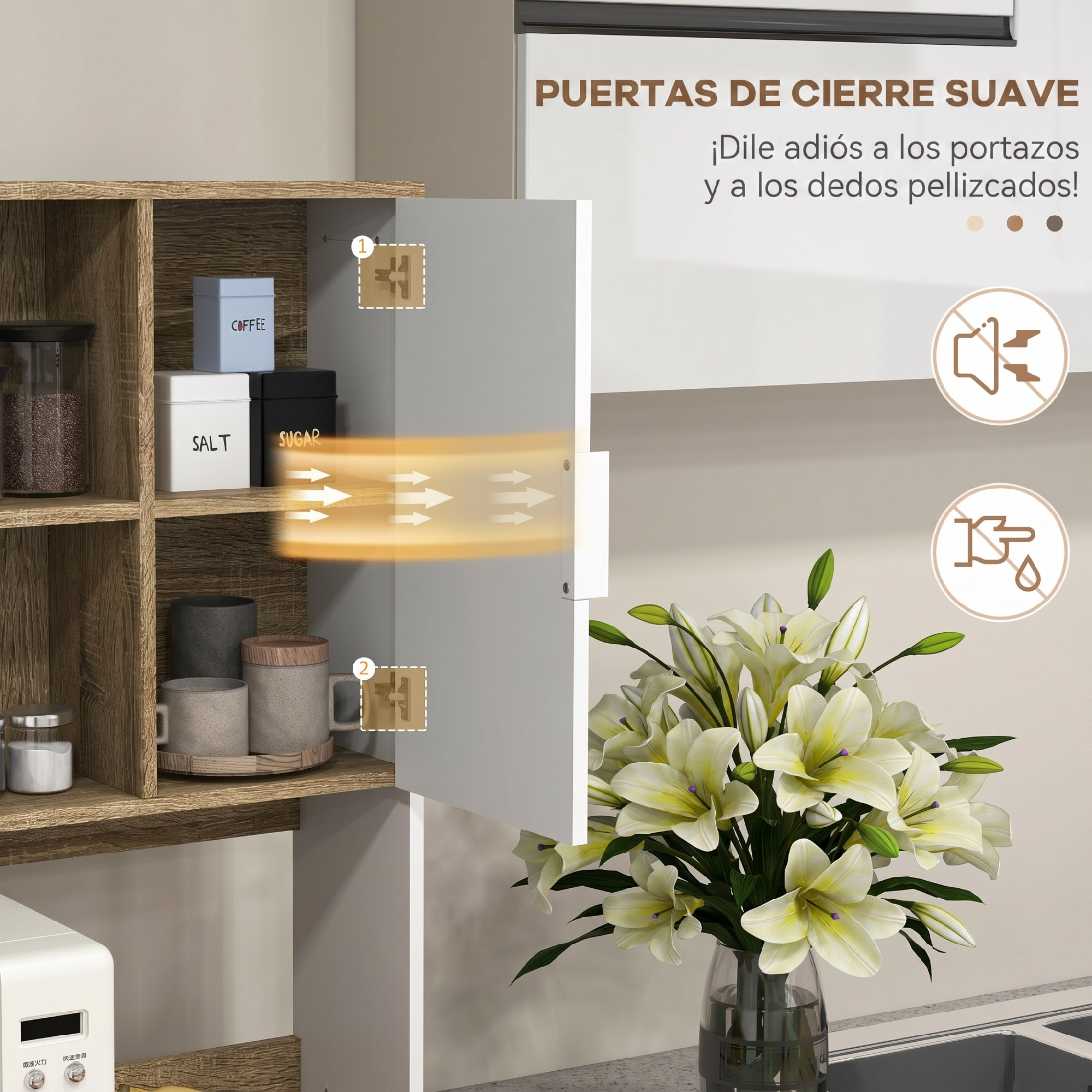 Gabinete de madera con puerta blanca y bisagras, recipientes de caf&eacute; y lirios.