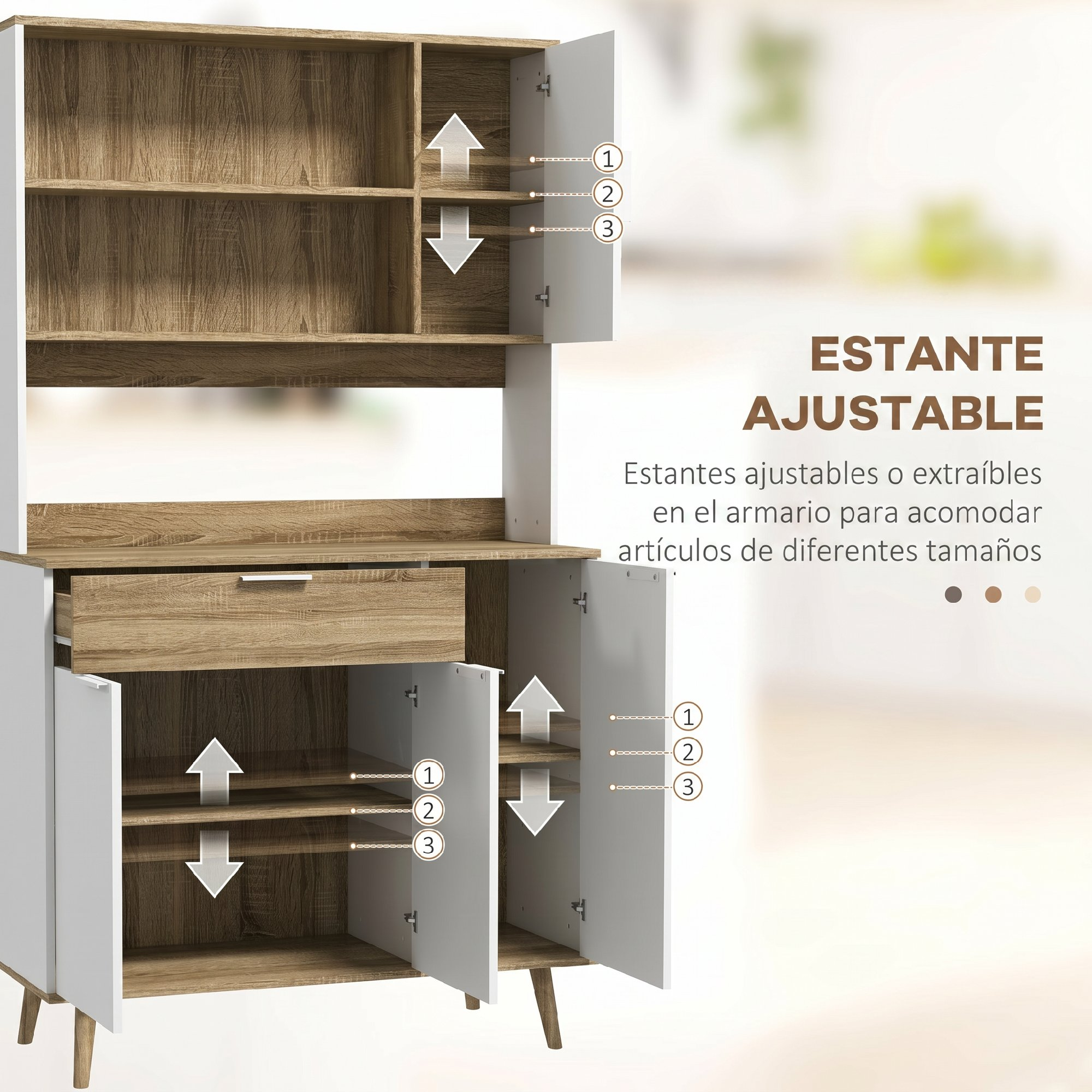 Un armario de madera con estantes ajustables, puertas blancas y texto en español que explica la función.