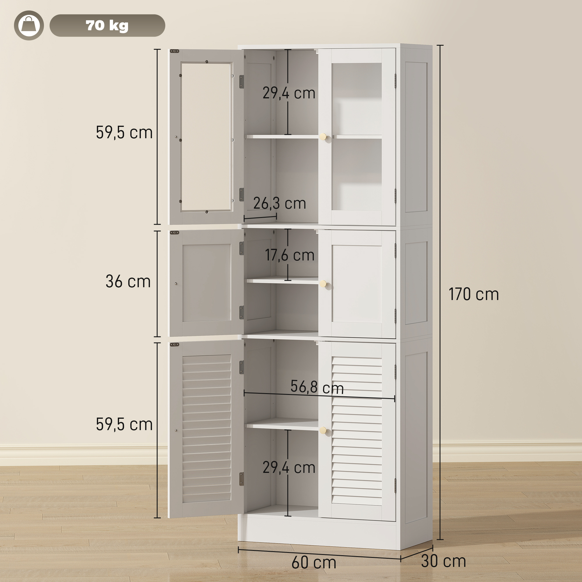 Armario alto blanco con puertas de vidrio, panel y lamas, mostrado con medidas.
