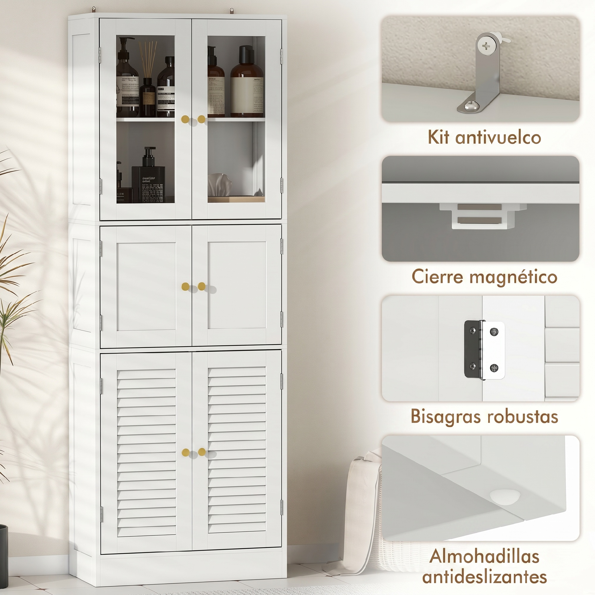 Un armario de baño blanco con puertas de vidrio arriba y vistas detalladas de herrajes y seguridad.