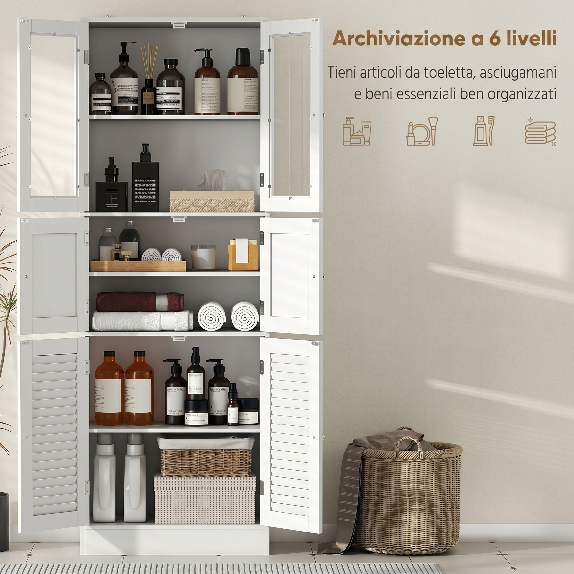 Un armario de baño blanco de seis niveles con puertas abiertas muestra artículos de aseo organizados, botellas y toallas.