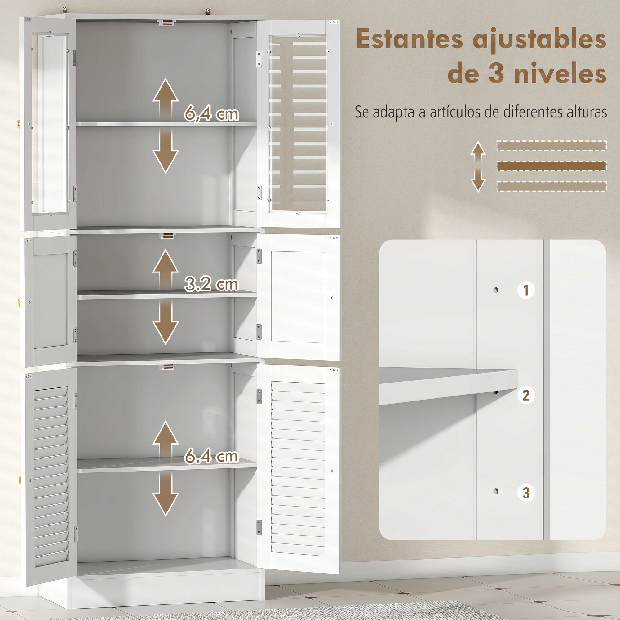 Armario blanco con estantes ajustables y puertas abiertas, junto con medidas y detalles.