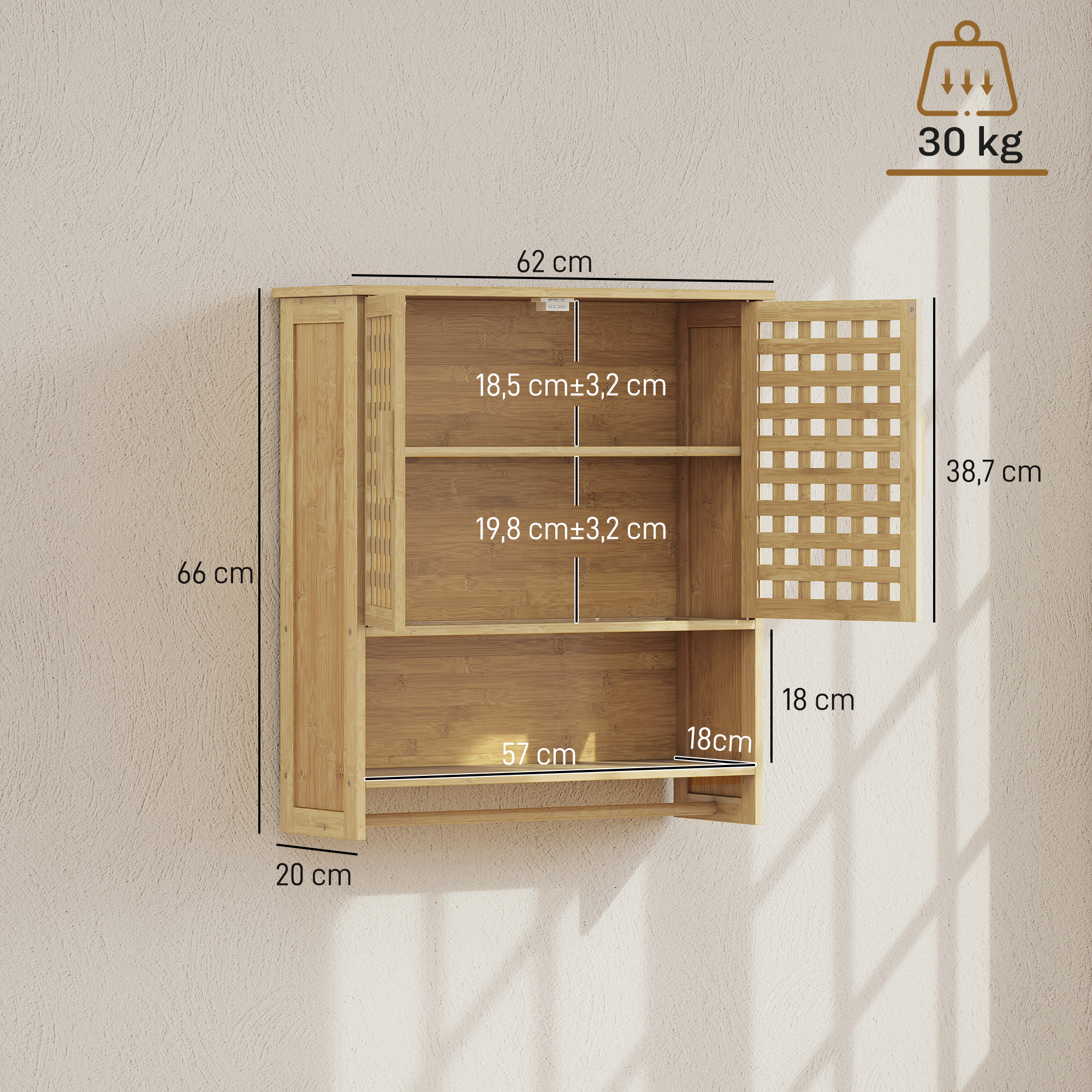 Armario de pared de madera con dimensiones, estantes y puerta con celosía en una pared.