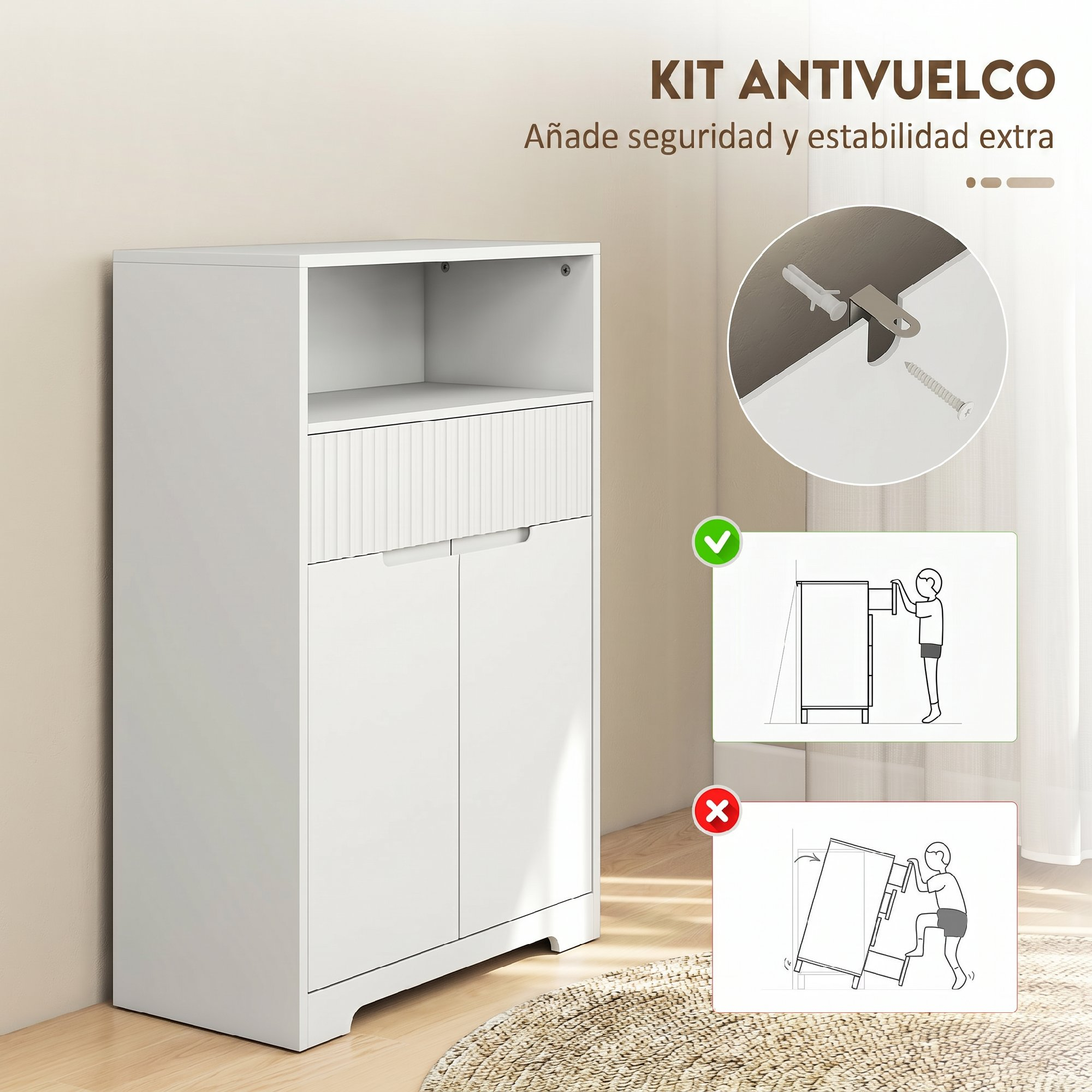 Armario blanco con balda abierta, cajón acanalado y dos puertas, con kit antivuelco.