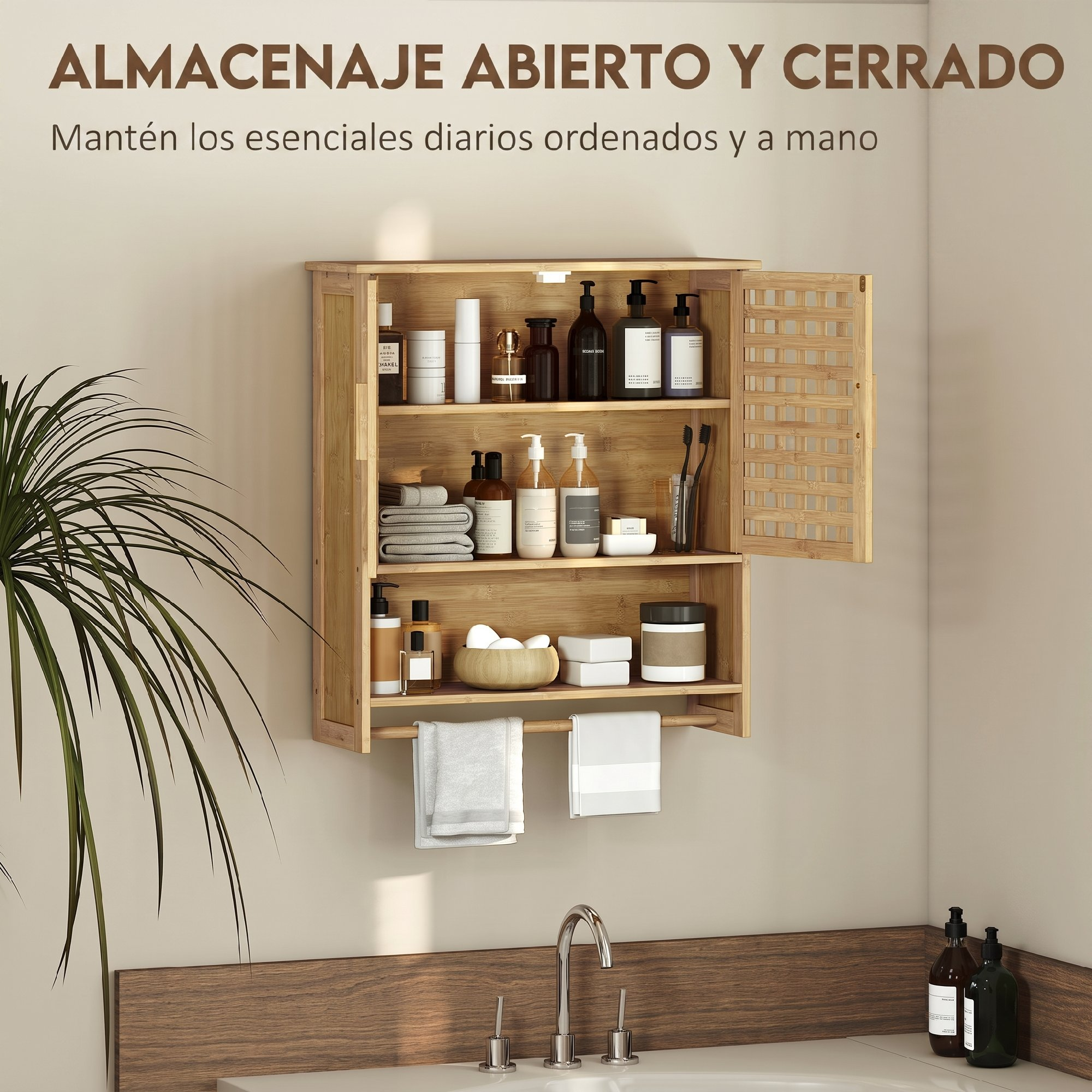 Armario de pared de madera en un baño con cosméticos y toallas.