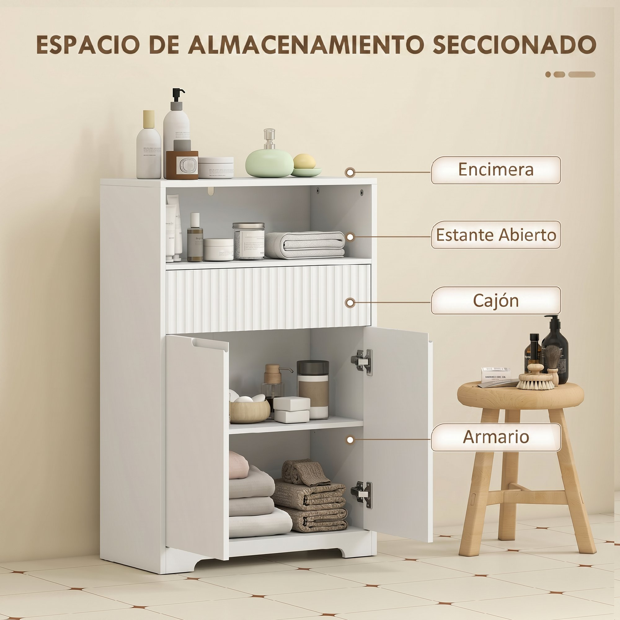 Mueble de baño blanco con estante abierto, cajón y puertas de armario. Un taburete de madera al lado.